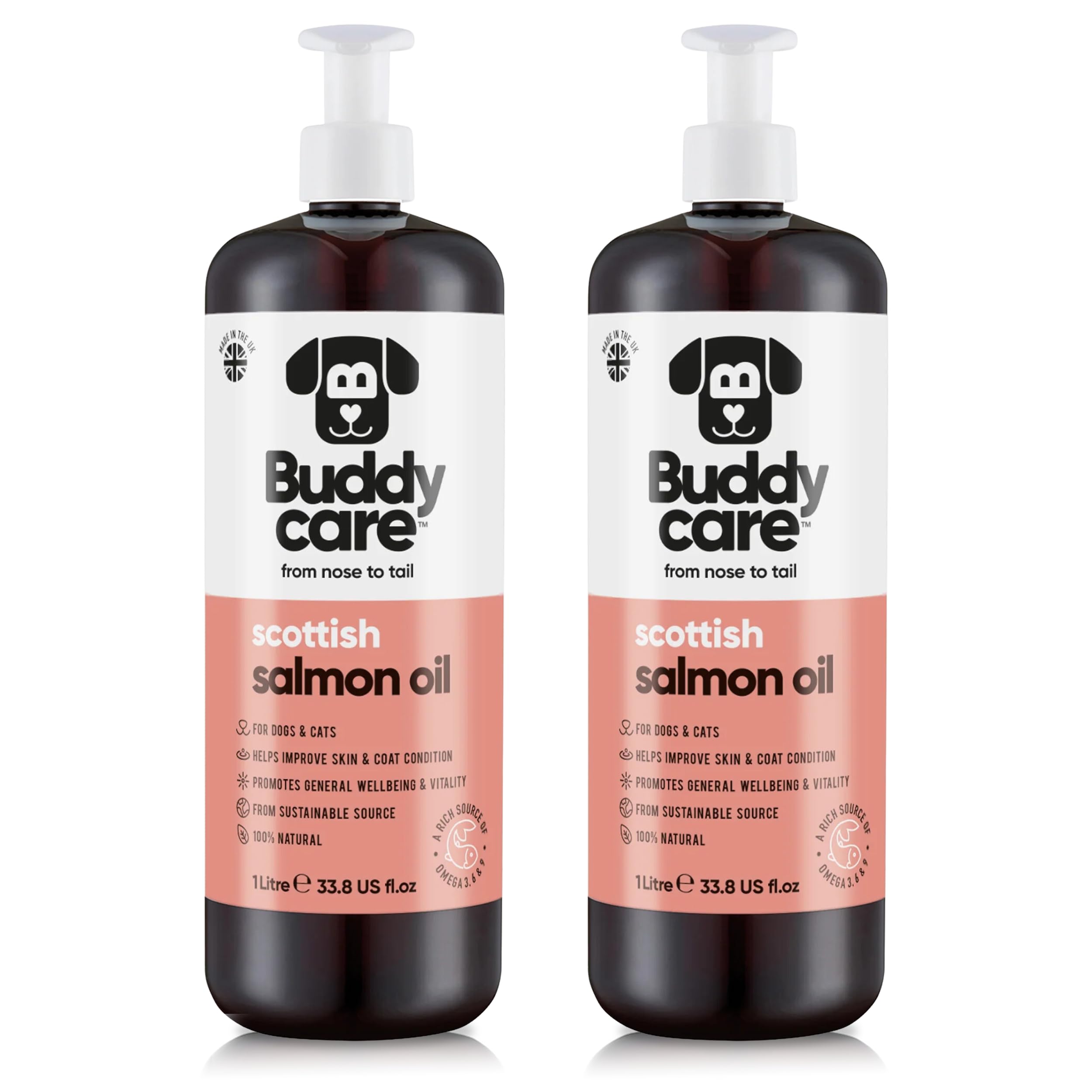 Buddycare Scottish Salmon Oil for Dogs and Cats (1L x2) 100% Natural & Sustainable Supplement | Rich in Omega 3, 6 & 9 for Boosting the Health & Vitality of your Petโs Skin, Coat & Immune System
