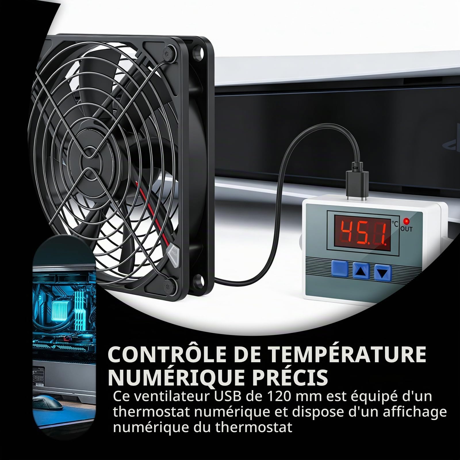 Lot de 2 ventilateurs USB, 120 mm, avec régulateur de température numérique, 5 V, 3 vitesses réglables, double roulement à billes, pour PS5/ordinateur portable/TV Box/AV, armoire, routeur