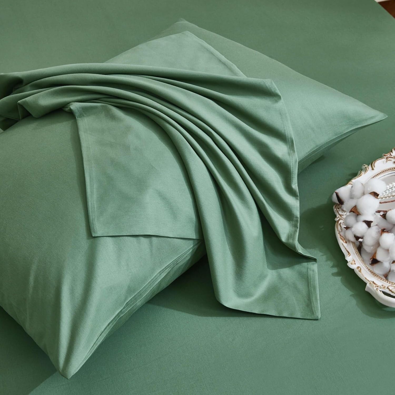 Deep Muted Sage Cotton Duvet Cover Set Queen Size, 100% Combed Cotton Percale Bedding, Soft Breathable Plain Weave Comforter Cover with 2 Pillowcases, Minimalist Neutral Bedroom Decor for All Season