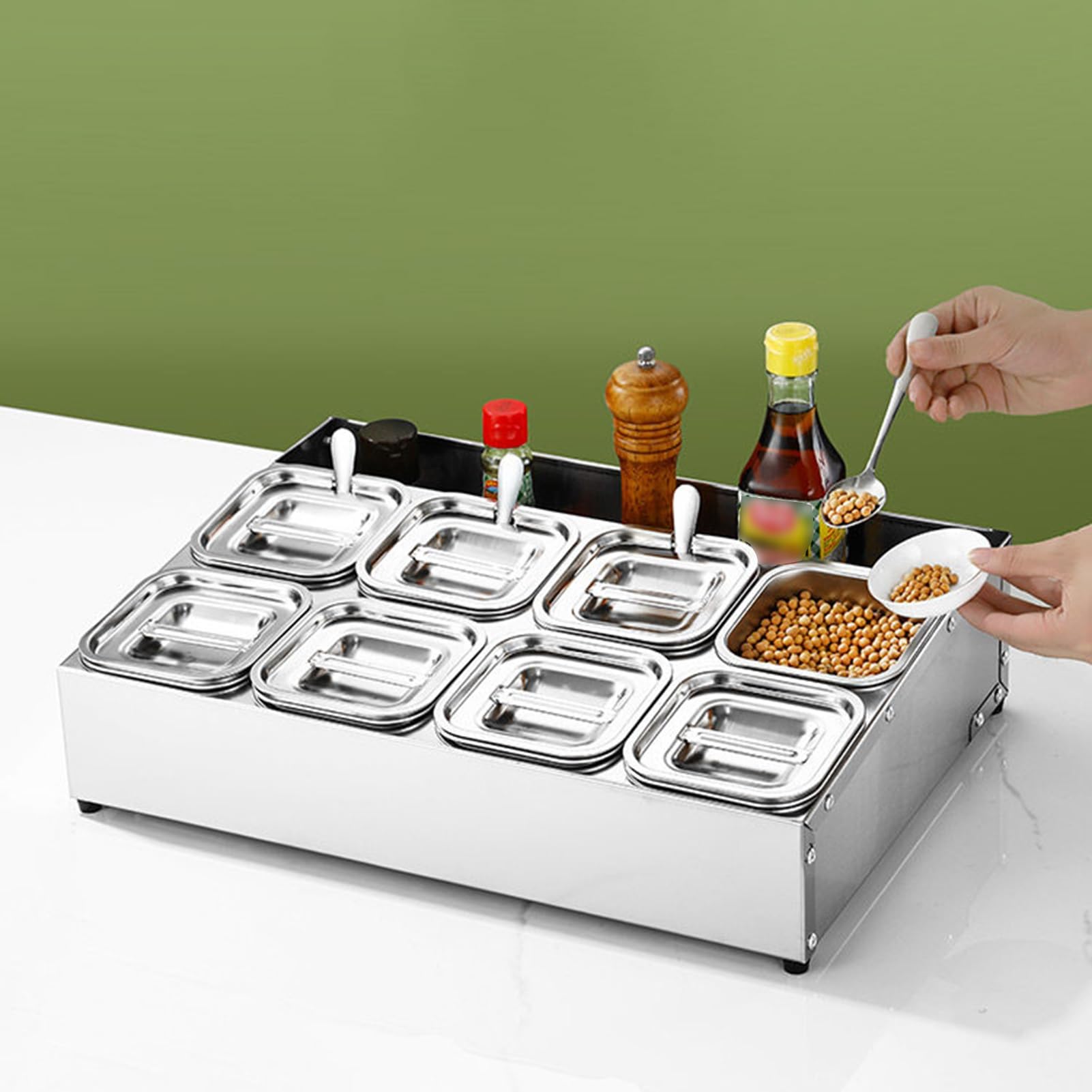 Vassoio in acciaio inox con coperchio, per condimenti per ristoranti, negozi di hot pot e negozi di tè al latte, versatile scaffale per condimenti e scatola portaoggetti