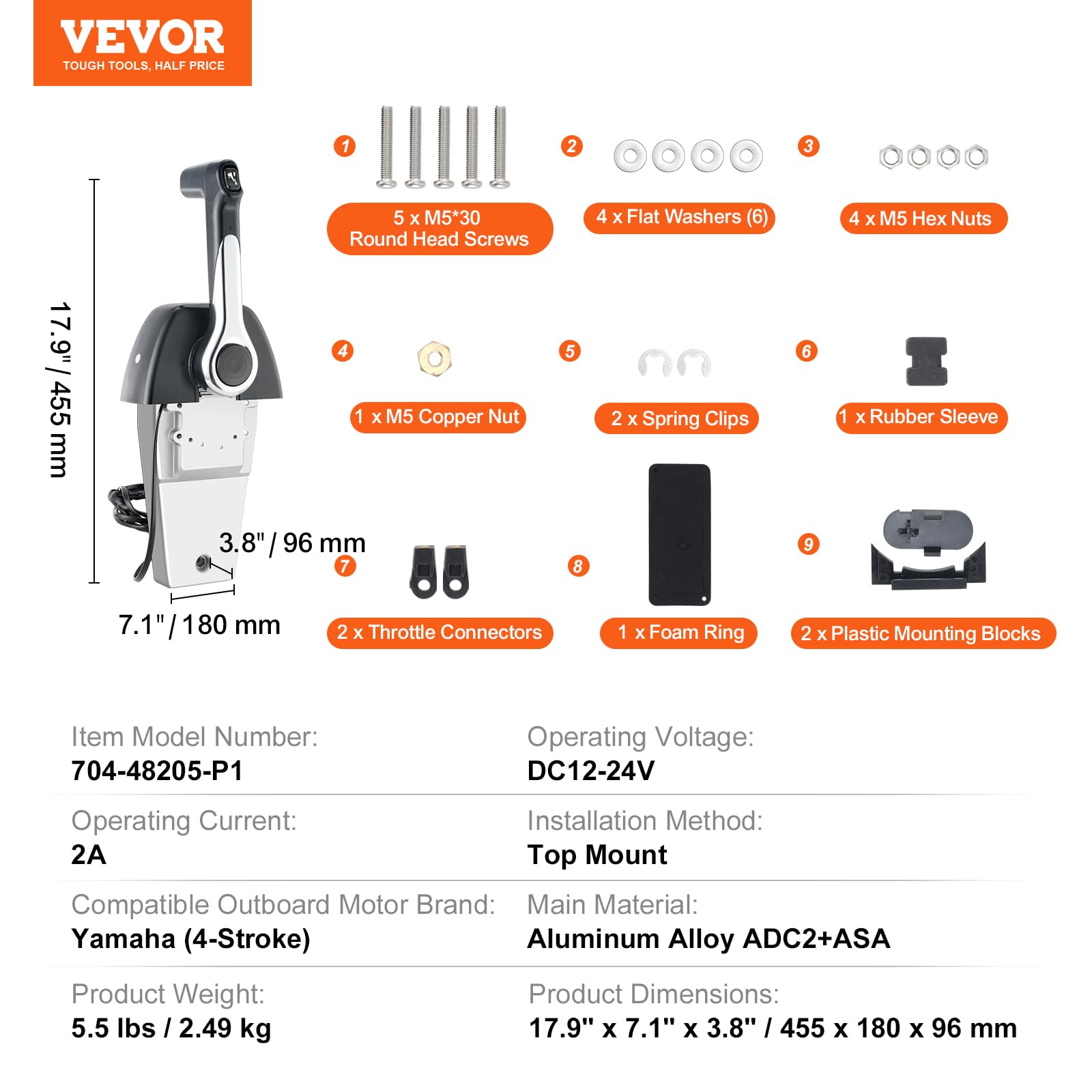 VEVOR Caja de control remoto fueraborda, compatible con Yamaha de 4 tiempos 704-48205-P1, control de acelerador de barco de montaje superior, con interruptor de ajuste y conector de 5 pines