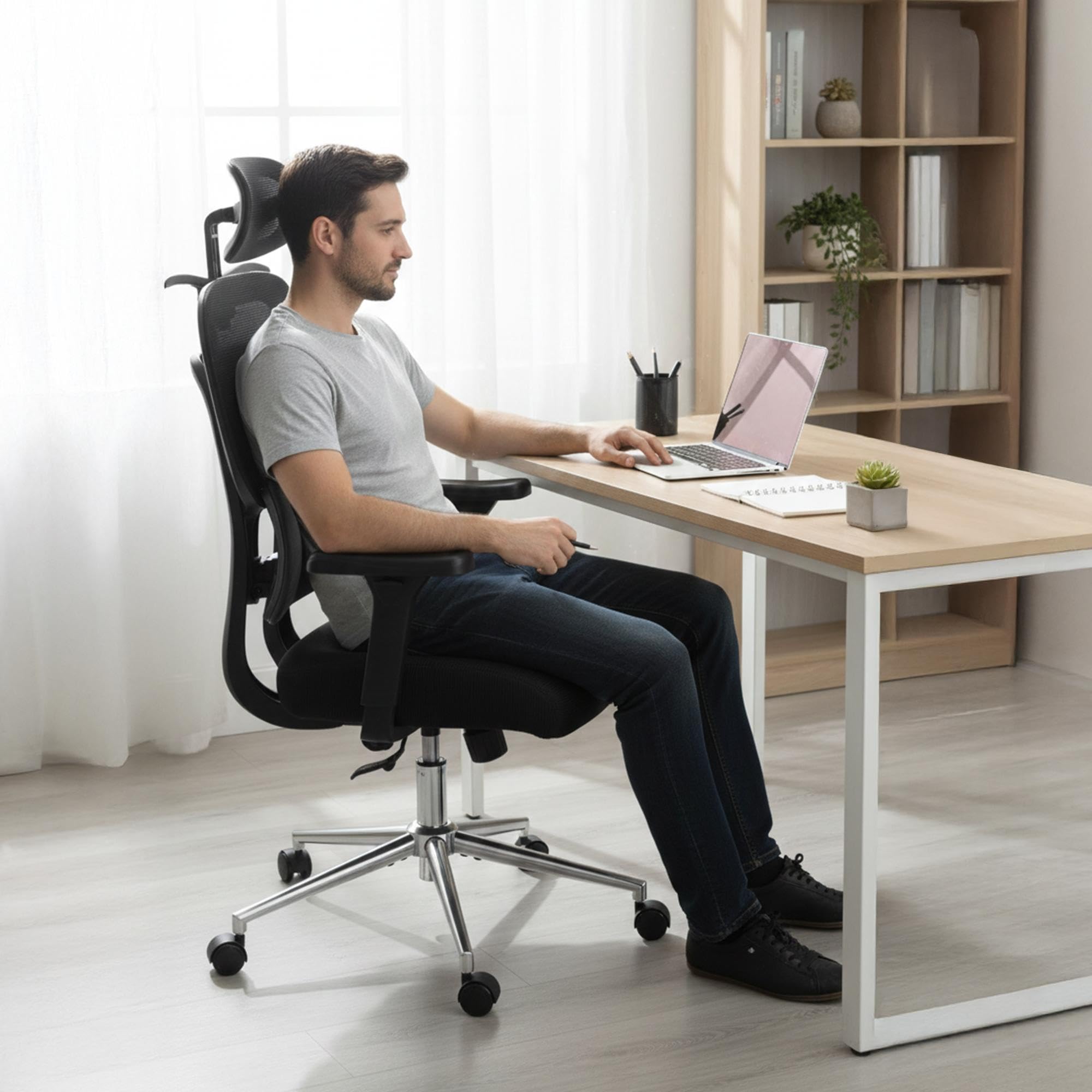 CLP Sedia ergonomica con poggiatesta Lothenda, regolabile in altezza con supporto lombare, braccioli 3D, sedia girevole fino a 150 kg Colore:nero