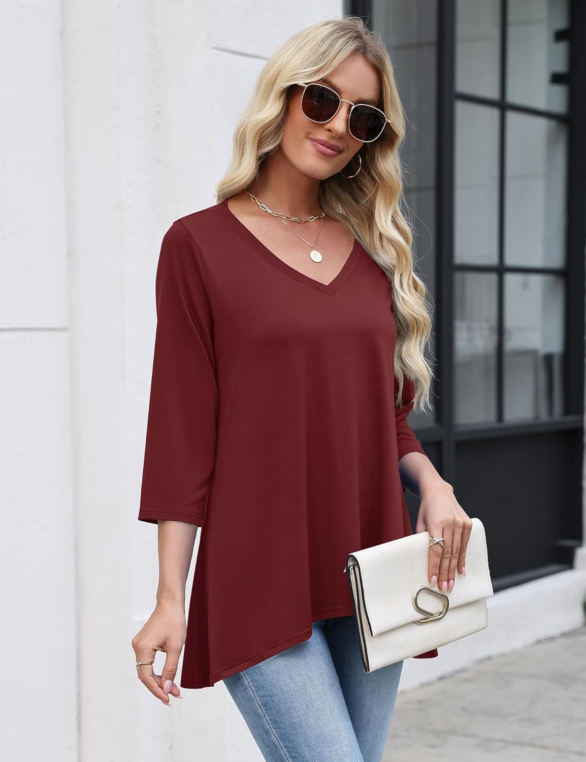 LUYAA 3/4 Length Sleeve Womens Tops V Neck Loose Fit Dressy Casual Blouse Flowy Shirts Plus Size Womens Clothing S-3XL - Image 3