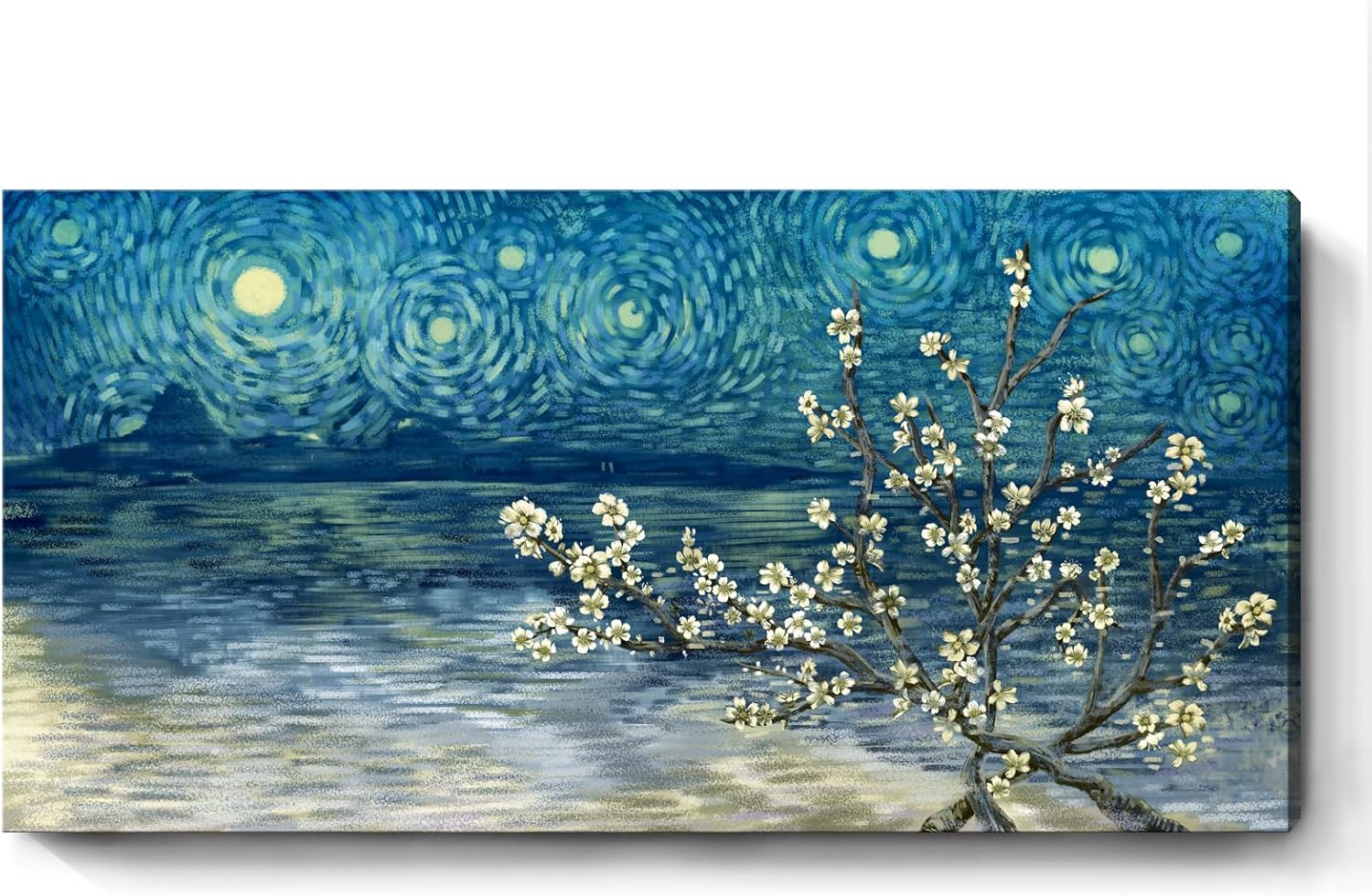 Large Wall Art for Living Room Modern Blue Framed Tree Canvas Print Floral Plum Blossom at Starry Night Landscape Wall Picture Flower Artwork Teal Lake Painting Home Bedroom Décor 48"x24" 48