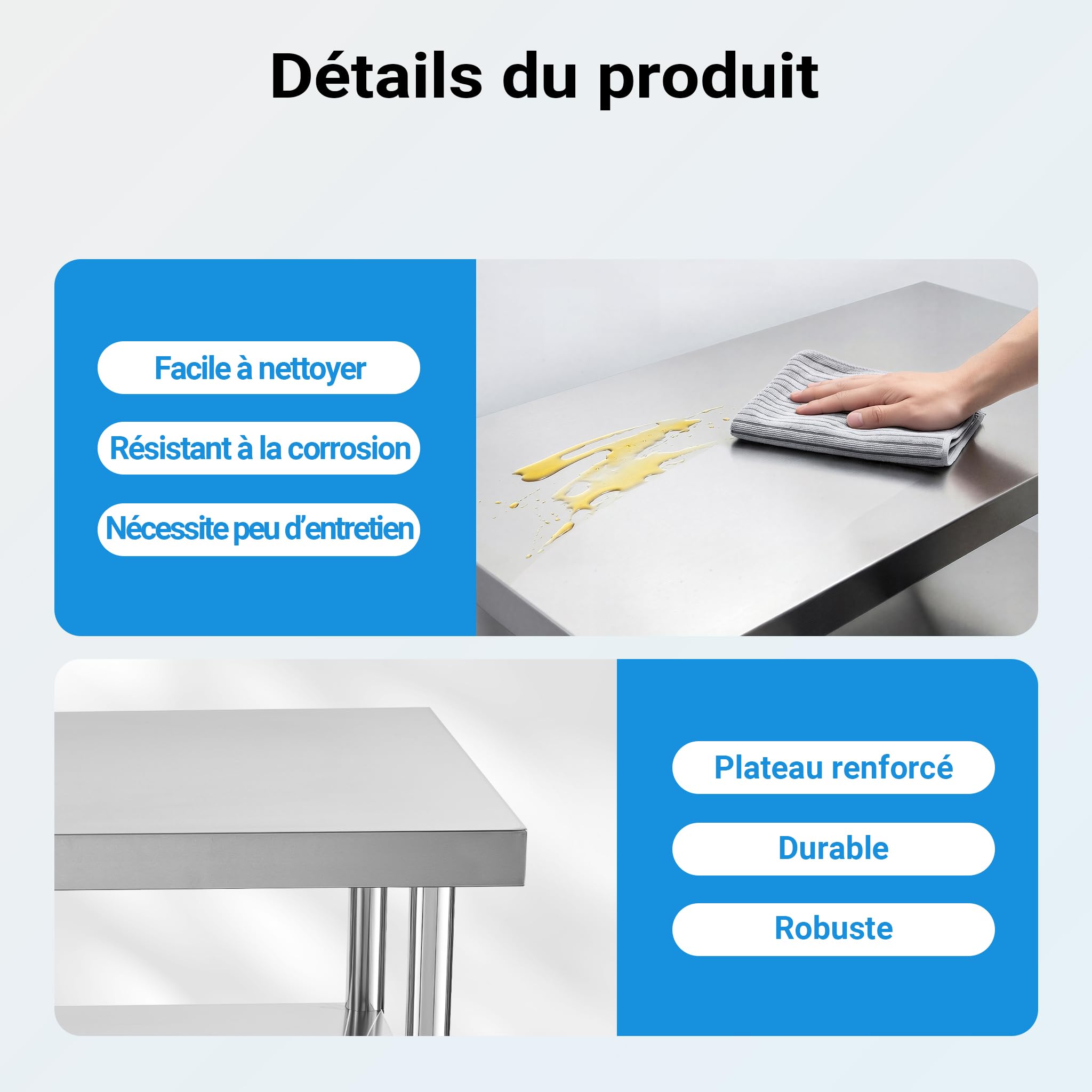 WilTec Table de Travail – 1200 x 600 x 850 mm – en Acier Inoxydable – avec 2 Étagères et Pieds Ajustables – Établi INOX Table INOX