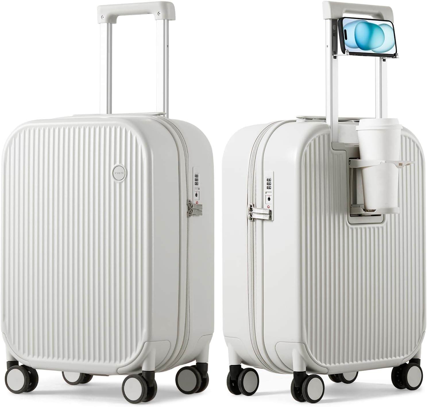 – Carry On Luggage with Cup Phone Holder Hard Shell Rolling Travel Suitcases with Spinner Wheels,20 Inch Smoke White