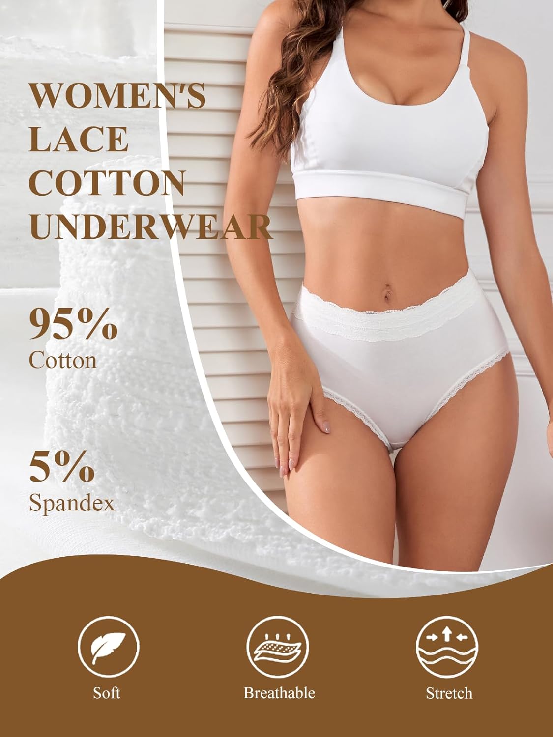 Women's Cotton Underwear Lace Stretchy High Waisted Ladies Panties Breathable Briefs 5 Pack - Image 3