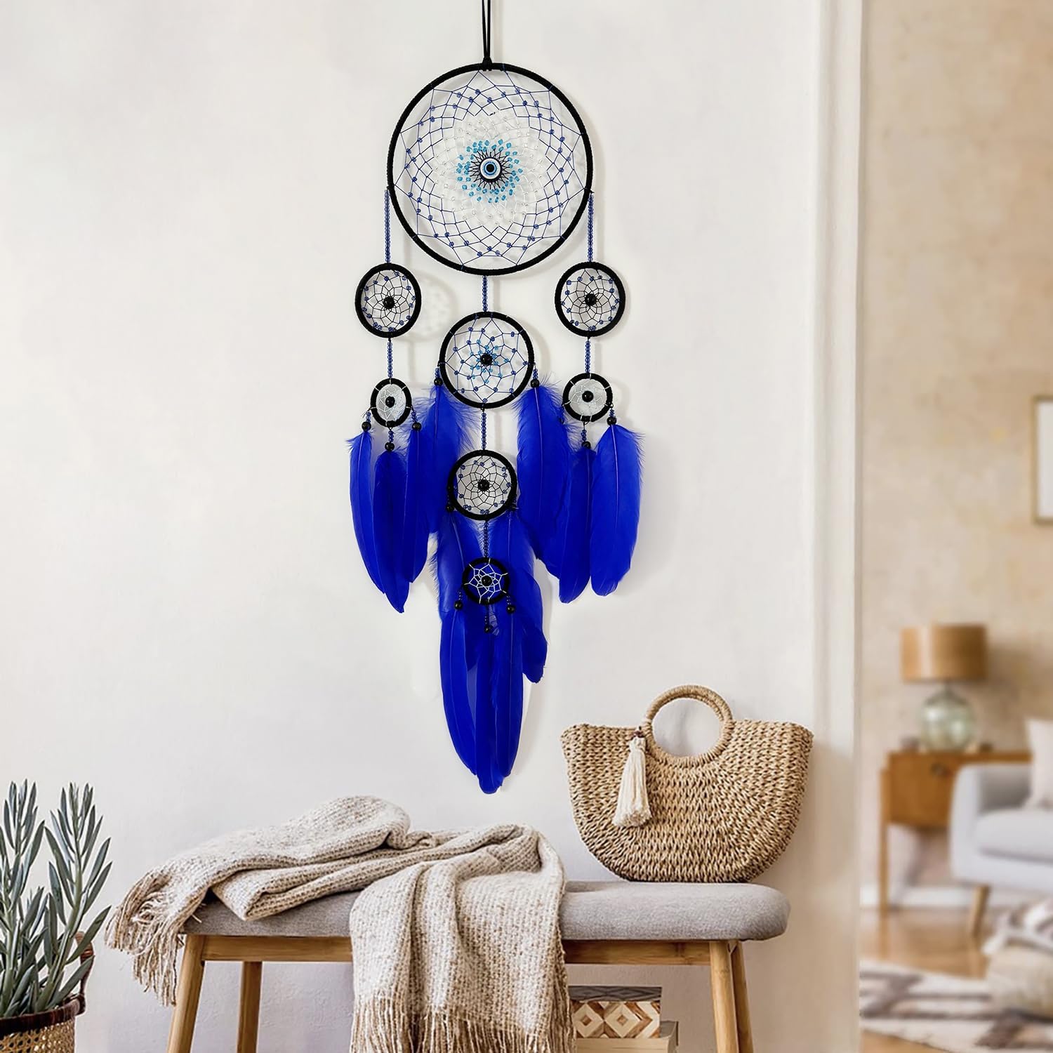 Blue Evil Eye Dream Catcher Wall Decor, Jiyamony Dreamcatcher Hanging Pendant for Home Protection and Blessing Decor with a Car Accessories Evil Eye Charm Gift