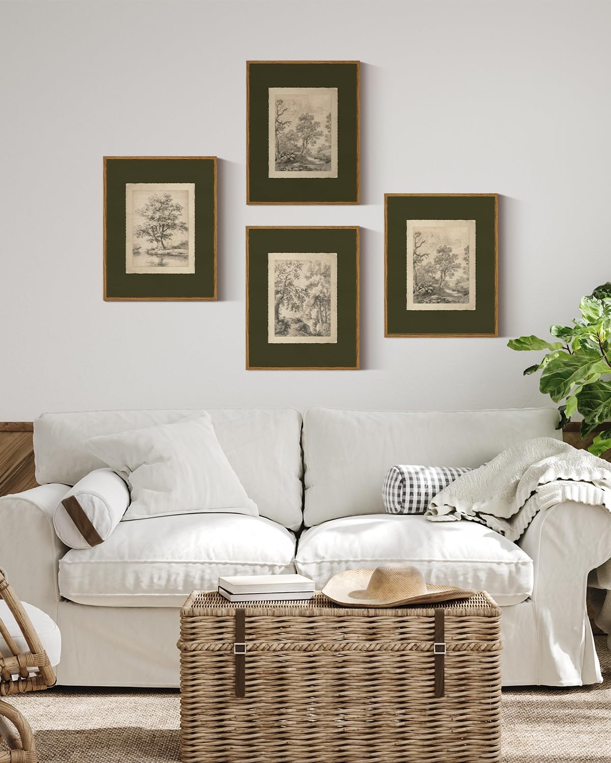 InSimSea 4 pcs Framed Wall Art, Vintage Sketch Tree Canvas Prints, Bathroom Kitchen Sage Green Nature Decor, Neutral Toned, Rustic Shelf Decor, Small Size,11x14in