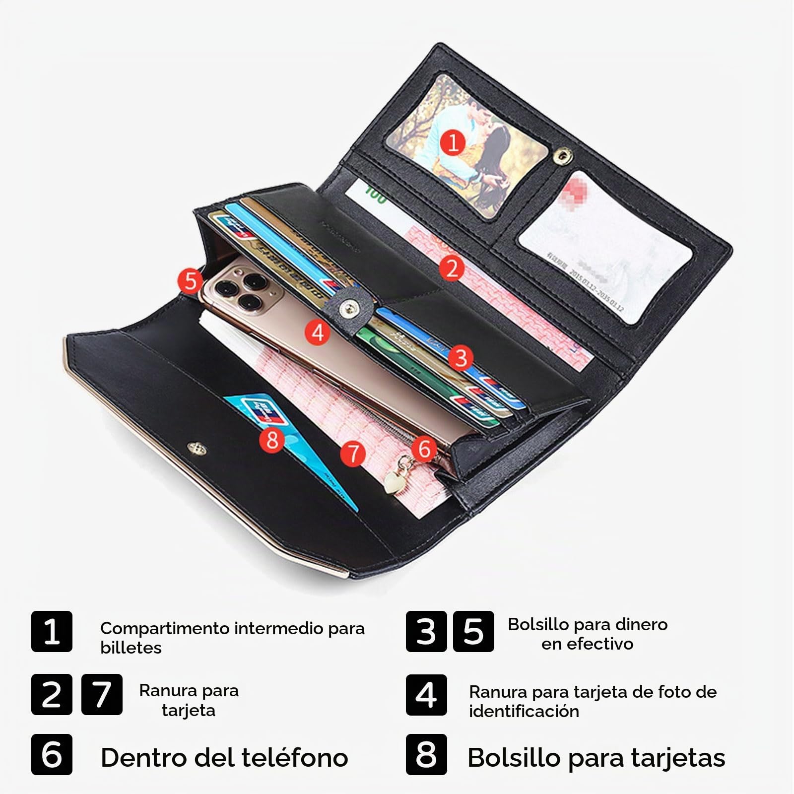 Cartera Mujer Monedero Gran Piel Auténtica Billetero RFID Bloqueo Larga Wallet Rojo