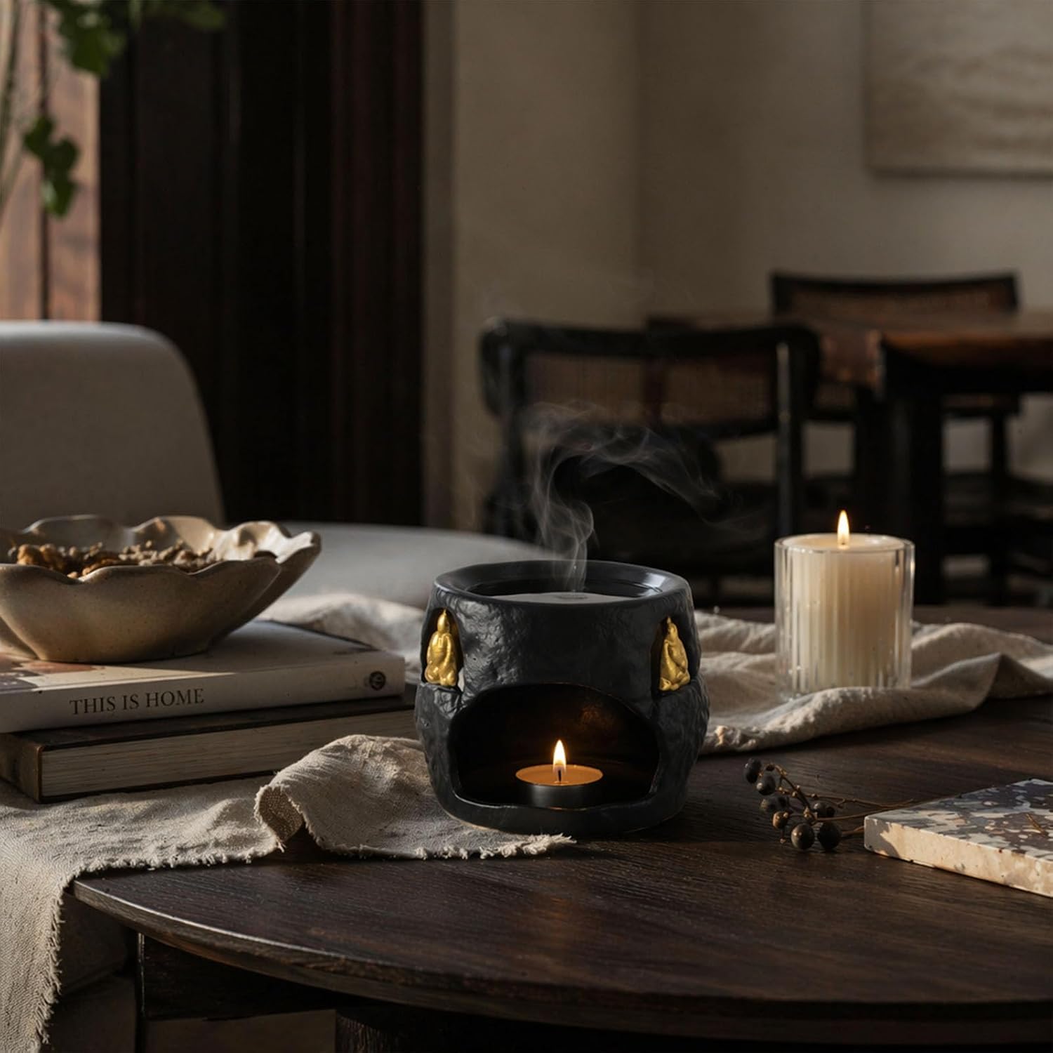 Black Ceramic Oil Burner, Stone Textured Essential Oil Warmer for Tea Light Candle, Fragrance Holder, Decorative Wax Melt Burner for Home Bathroom Bedroom Office Tabletop Decor