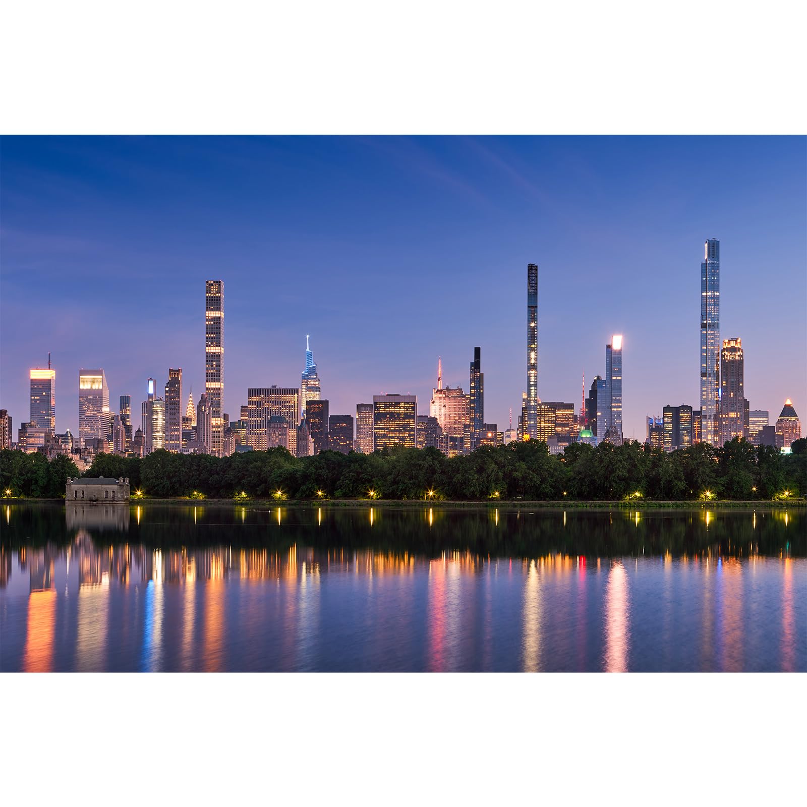 New York City Skyline Backdrop Dusk View with Reflections of Billionaires Row Supertall Skyscrapers Photography Background Evening View Central Park
