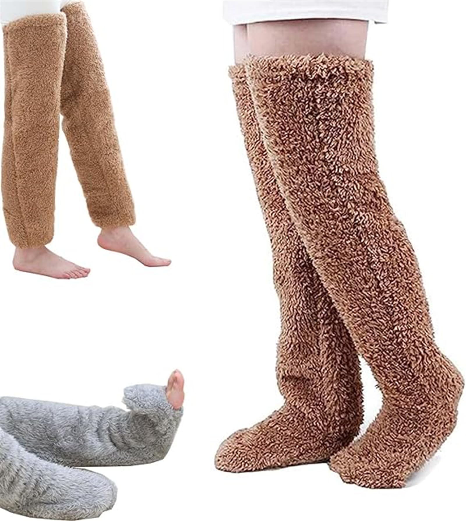 Kynelit Women's Brown Snugglepaws Sock Slippers, Sock Slippers For Warm Over Knee Fuzzy Socks Leg Warmers Slipper Socks (Brown)
