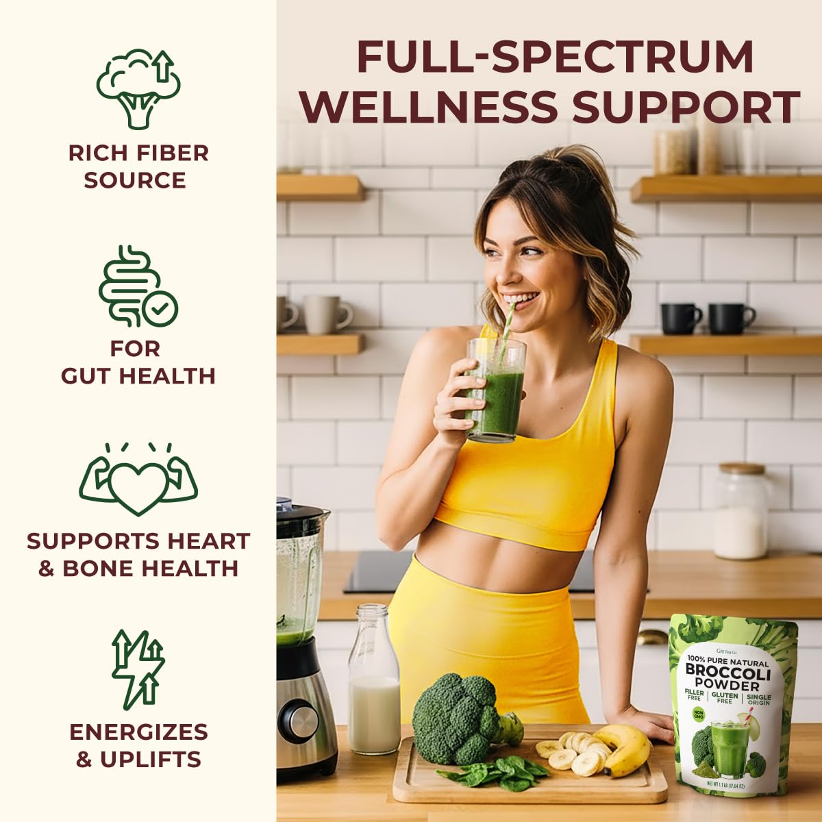 Gya Tea Co Broccoli Powder 1.1 lb (17.64 oz) - Natural Greens Superfood for Baking, Beverages, Smoothies, Drinks Mix, Gluten Free, Vegan Friendly, Non-GMO, No Additives