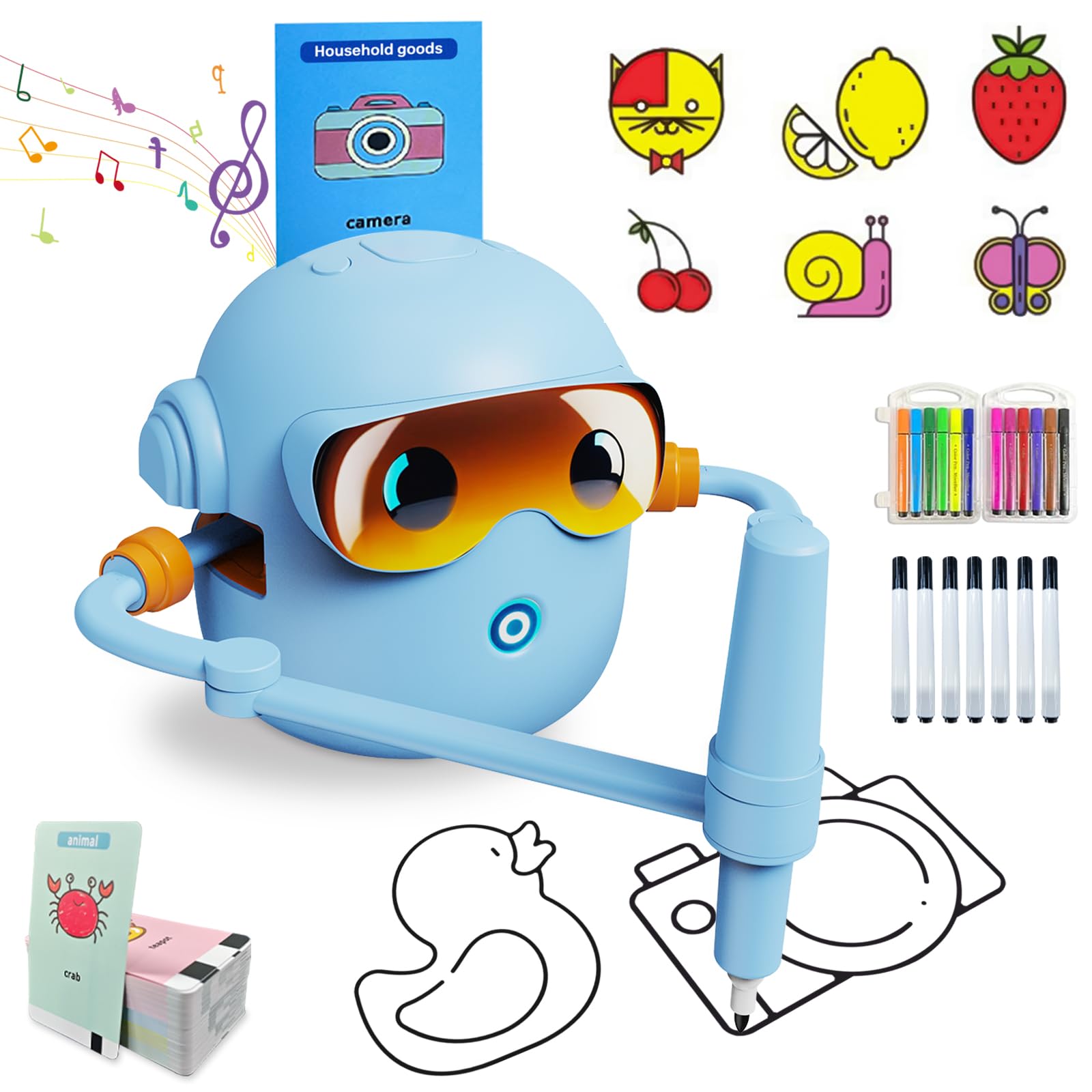Vtizikl Drawing Robot for Kids, Interactive Educational Drawing Robot with Voice Interaction, Montessori Drawing Learning Toy with 100 Word Cards 16 Color Pens for Kids 5 6 7 8 9