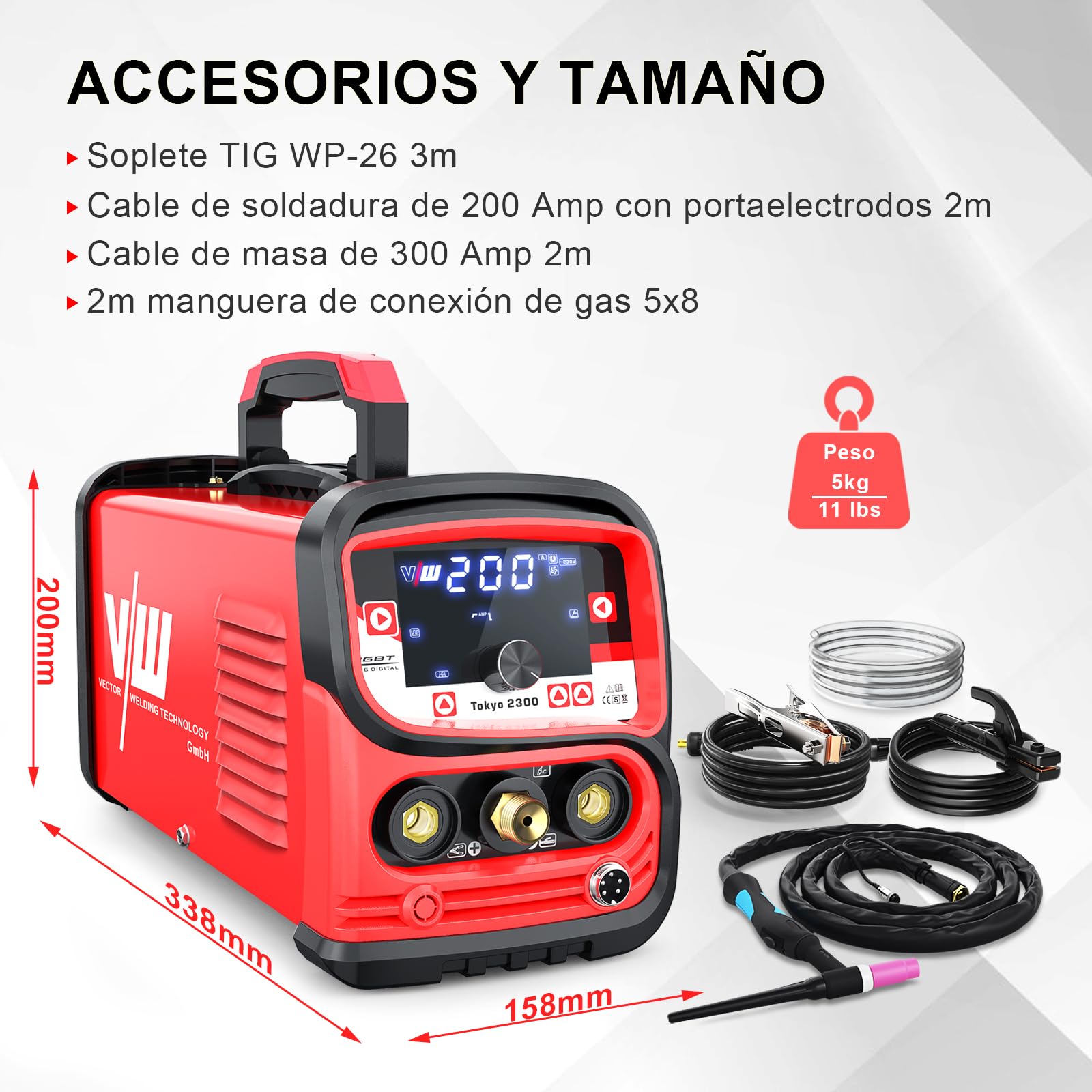 Máquina de soldadura Tig con 200 amp y función de soldadura por electrodo de 170 amp | Función de pulso - preflujo y postflujo de gas - subida y bajada de corriente - Tokyo 2300 de Vector Welding