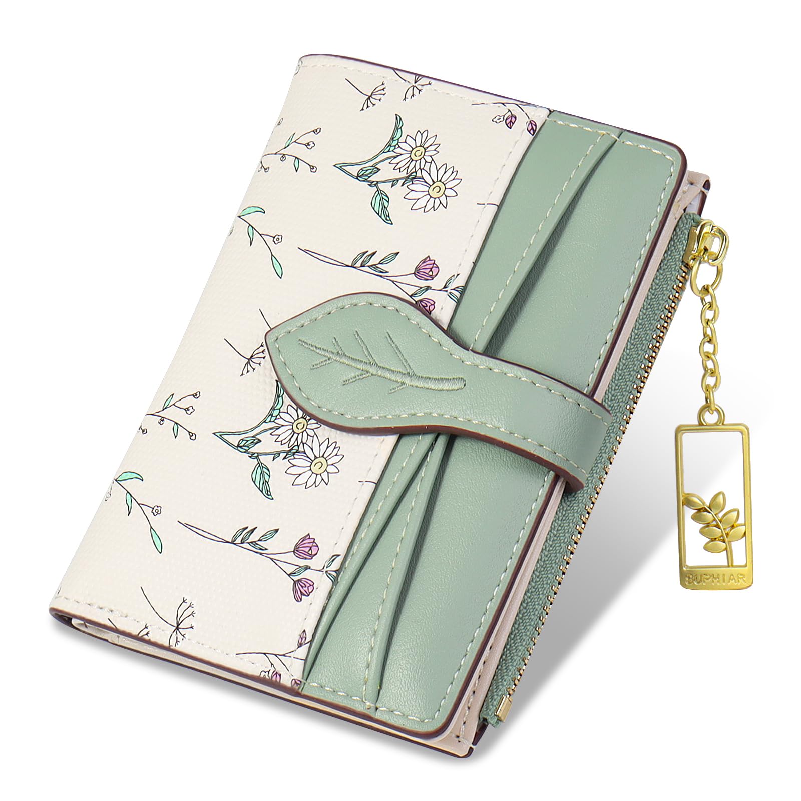 Wallets for Women- RFID Blocking- Soft PU Leather Bifold Coin Zipper Pocket Purse-Small flower wallet Credit Card Holder with ID Window (Green)