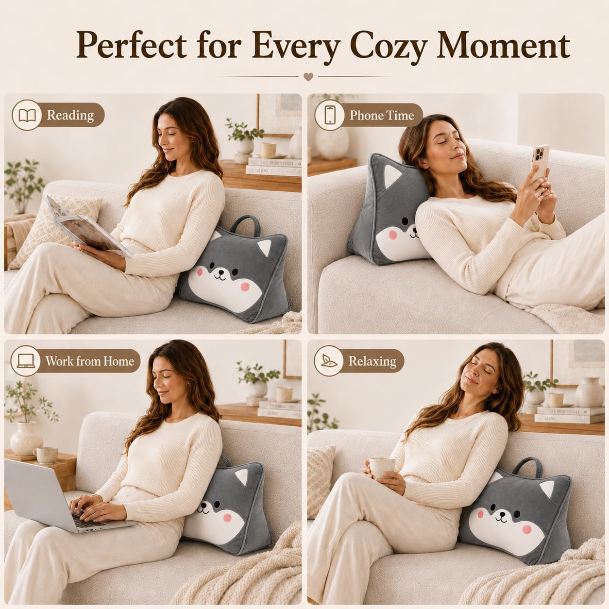 Gray Husky Dog Lumbar Support Back Pillow for Reading, Watching TV & Gaming, Ergonomic Triangle Support Cushion for Sofa, Armchair & Bed Sitting, Removable Washable Cover