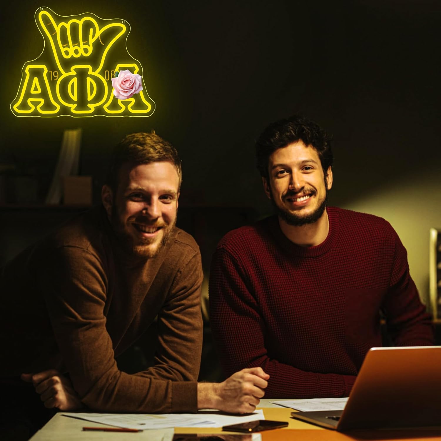 Alpha Phi Fraternity Neon Signs for Wall Decor Dimmable Greek Letters LED Light Up Sign for Club 1906 Phi Gold Hand Fraternity Decor for Man Cave Psi Gifts for Dorm Party Size 16.5 * 12.7in（FMCP079）