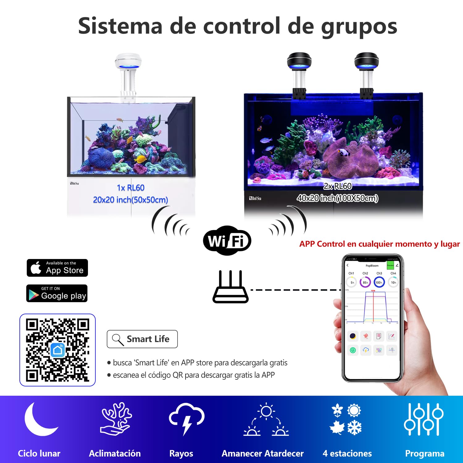 PopBloom RL60 Luz de acuario Wifi espectro completo Acuario Marino Luz Led Para 50x50cm Acuarios Tanque de Arrecife