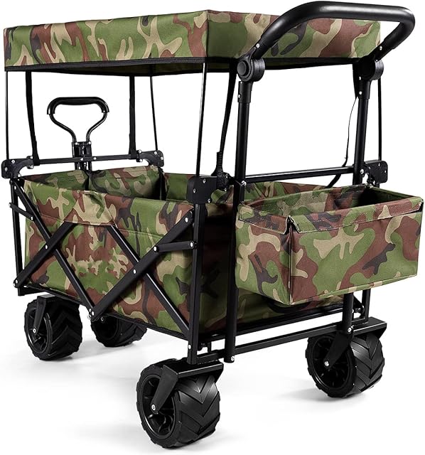 TANGZON Foldable Wagon Cart, Collapsible Garden Trolley Handcart with Removable Canopy, Adjustable Handle, Big Wheels & Front Pocket, Utility Transport Trailer for Camping Shopping Sport (Camouflage)