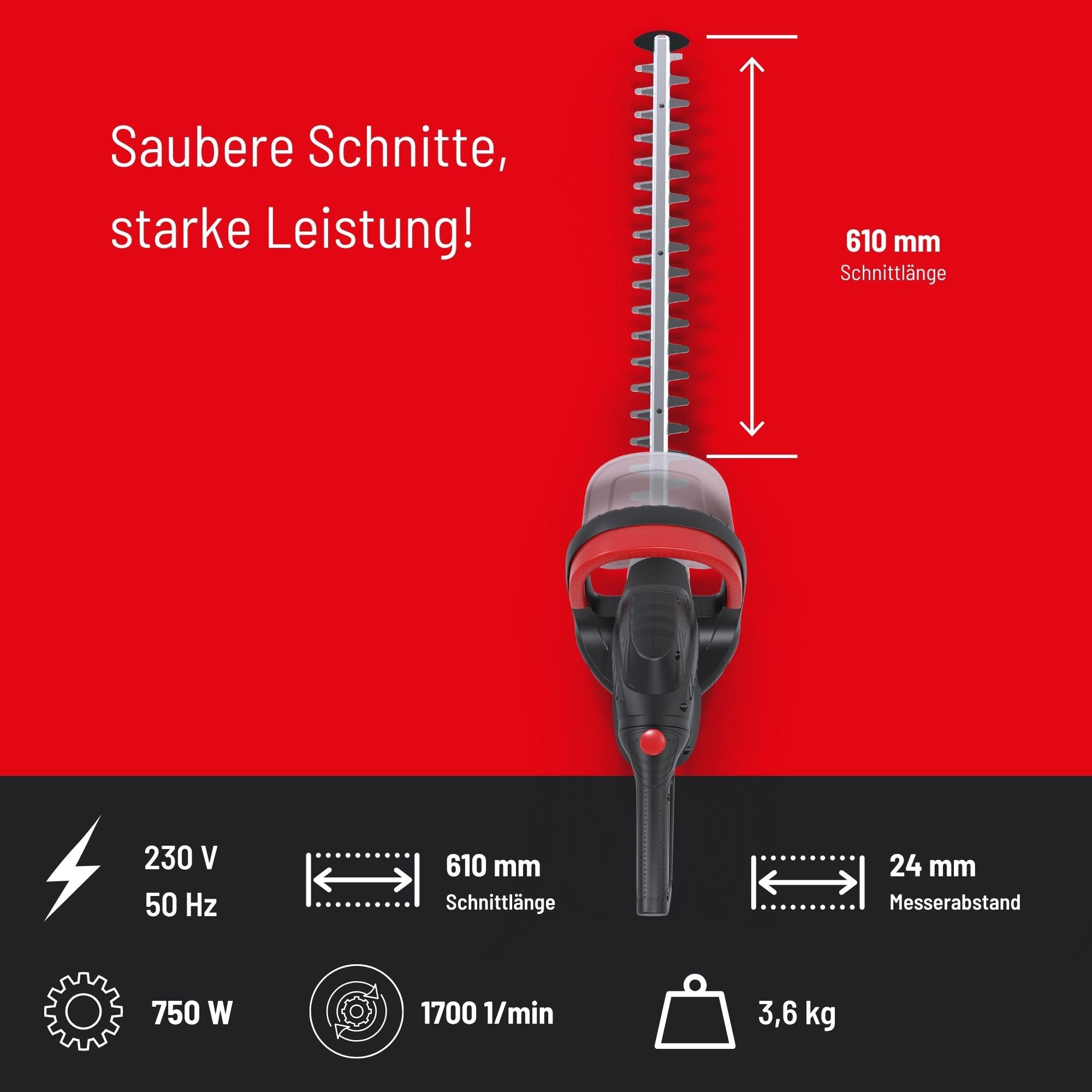 Güde GEH 660-750 - Cortasetos eléctrico (230 V, Potencia de Motor de 750 W, Longitud de Corte de 61 cm, Grosor de Corte de 2,4 cm, Mango Giratorio, Engranaje metálico, Parada mecánica de Cuchillo)