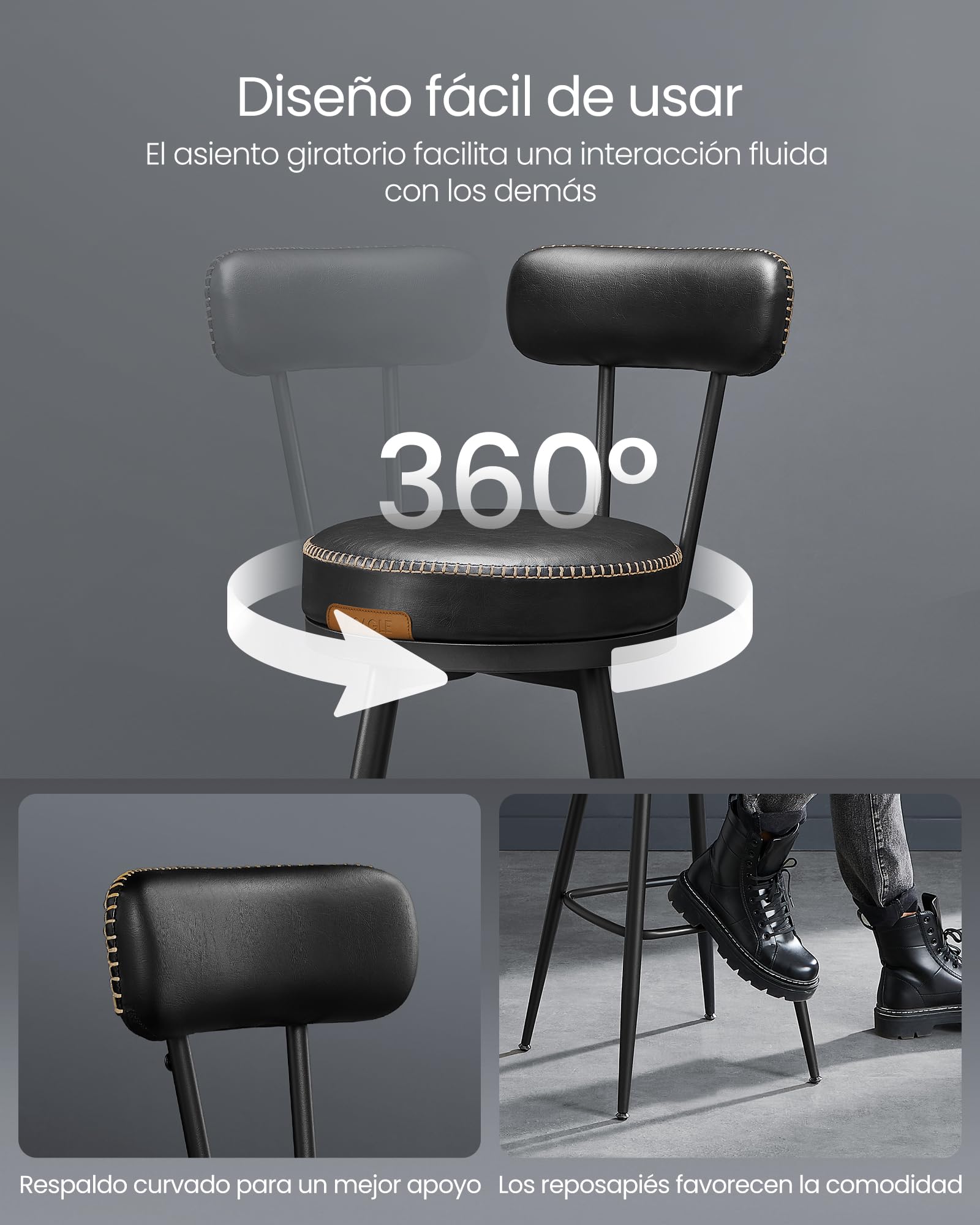 VASAGLE EKHO Colección - Taburetes de Bar Giratorias 360°, Juego de 2, Sillas de Barra con Respaldo, Cuero Sintético con Costuras, Moderno Siglo Medio, Altura 65 cm, Negro Tinta LBC089B01V2