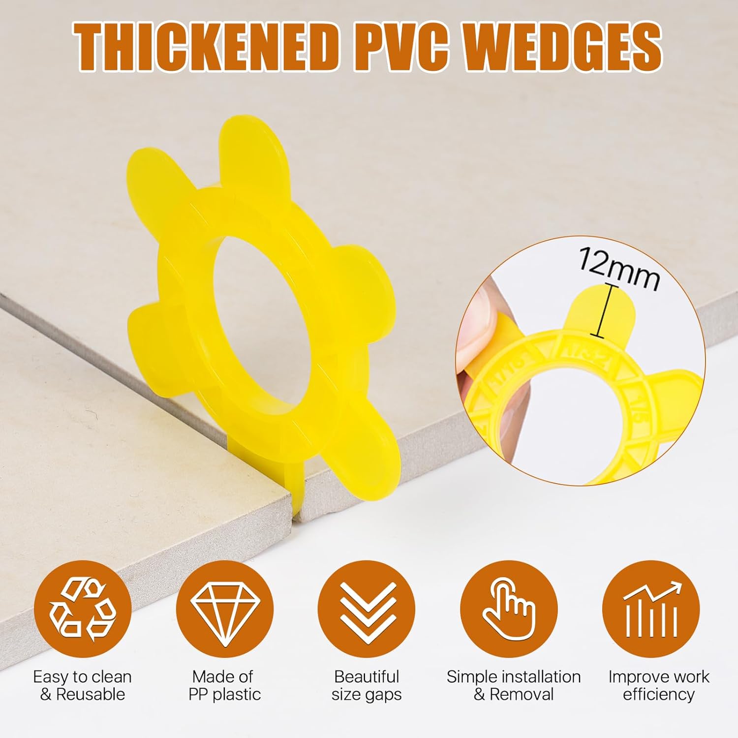 200 Pcs Reusable Hexagon Tile Spacers 1–5mm, 6 Sizes in 1 Large 6.7cm Plastic Tile Leveling Shims, Colour Coded Gap Clips for Wall & Floor Tiling, Fast Removal (Yellow)