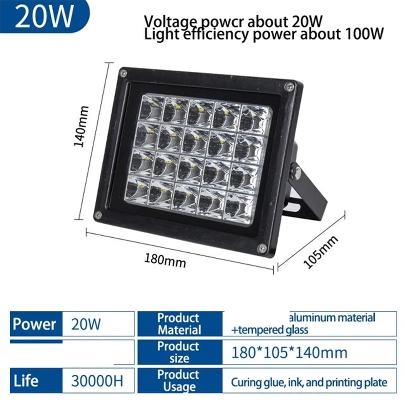 Luz UV para Resina Lámpara ultravioleta de curado LED UV 405 nm, 395 y 365 for impresora 3D SLA DLP, reparación PCB resina, aceite verde, trabajos manuales, bricolaje(365NM,20W)