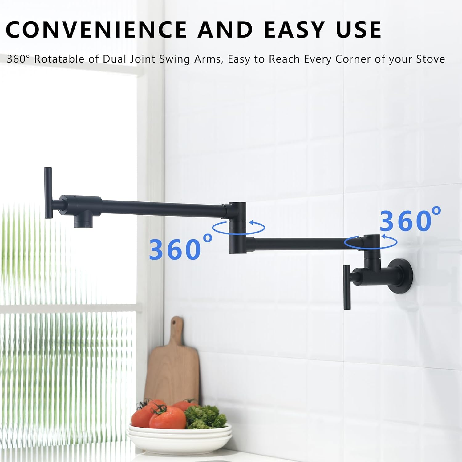WANMAI Matte Black Pot Filler Faucet Wall Mount Kitchen Over Stove Faucet with Double Joint Swing Arms Folding