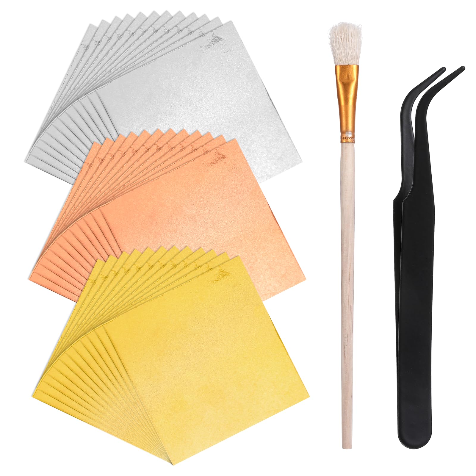 BOHUIZ Gold Leaf Sheets for Art, 3 Colors 150 Sheets Gold Foil Sheets with Tweezer & Brush, Gold, Silver, Rose Gold Foil Sheets for DIY Crafts, Painting, Resin, Nails, Gilding Craft, Furniture