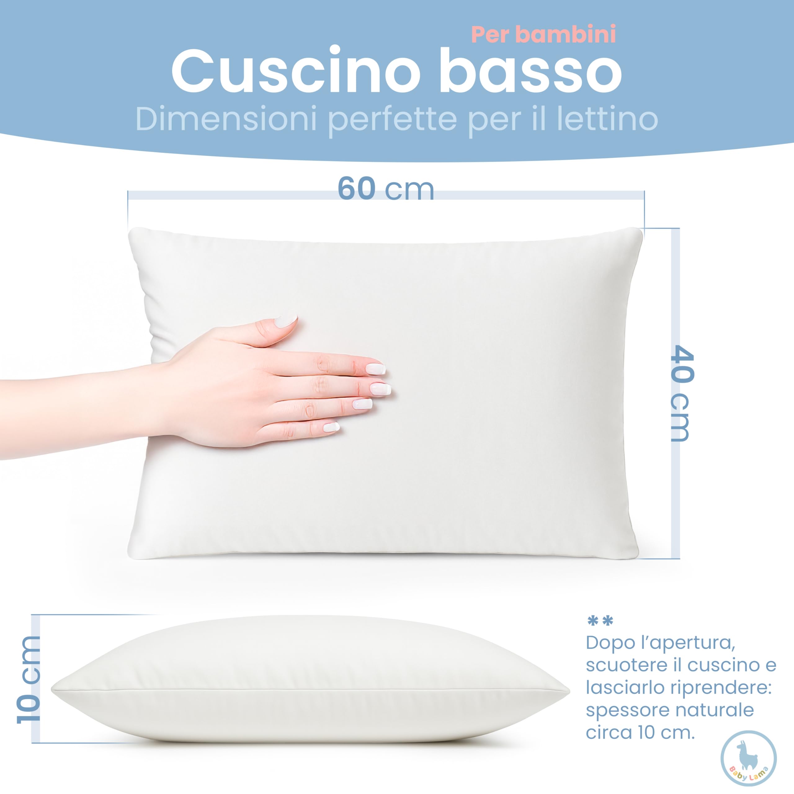 Cuscino Bambino 2 Anni - 6 Anni. Cuscino Lettino Bambino Basso per Dormire 40x60. Cotone 100% Oeko-Tex – Ipoallergenico, Lavabile, Antisoffoco. Made in Italy (1)