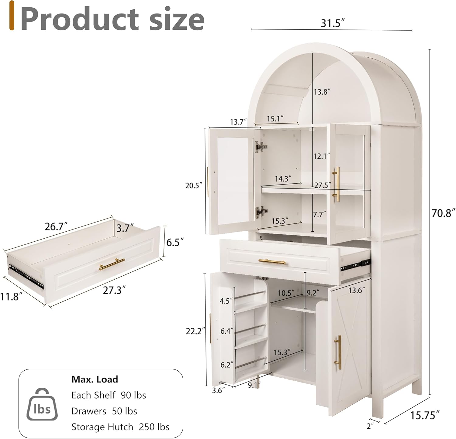 71" Tall Arched Kitchen Pantry with Glass Door, Farmhouse Storage Cabinet with Adjustable Shelves & Barn Door for Kitchen, Living Room, Dining Room (White)
