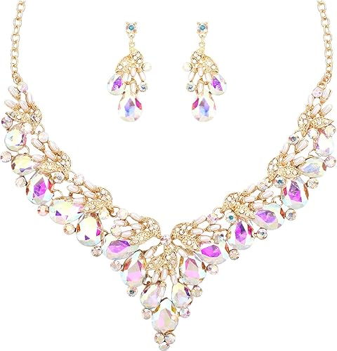 Enrwin Gold Plated Wedding Bridal Bridesmaid Austrian Crystal Pearl Costume Statement Necklace Dangle Earrings Jewelry Set for Wedding Party Prom