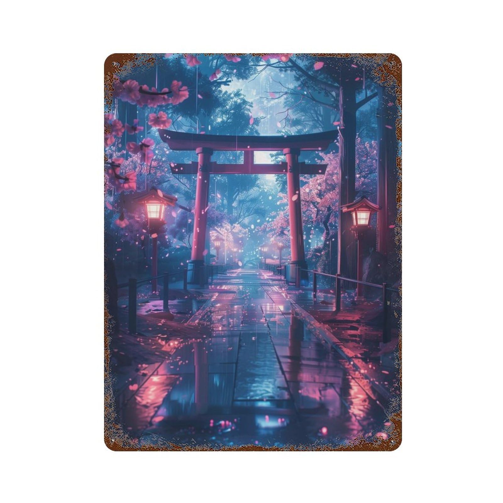 Rustic Tin Plaque Sakura Torii Gate 15.7"x11.8", Retro Wall Decor for Shed, Workshop And Garage Wall Decor