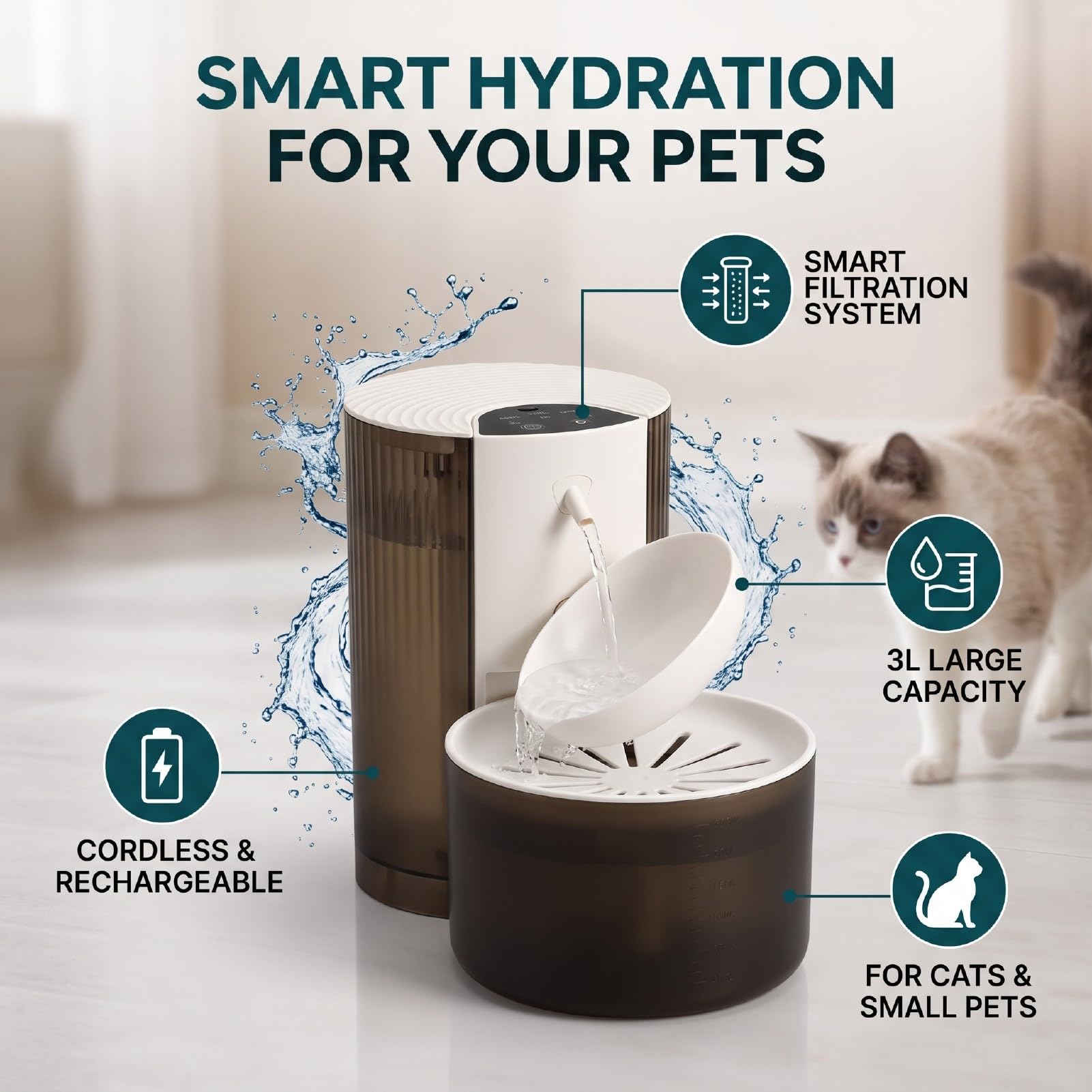 Fontana per Gatti Wireless da 3 Litri | Fontana Automatica per Animali Domestici, Distributore D'acqua Intelligente per Gatti, Ciotola D'acqua per Gatti e Piccoli