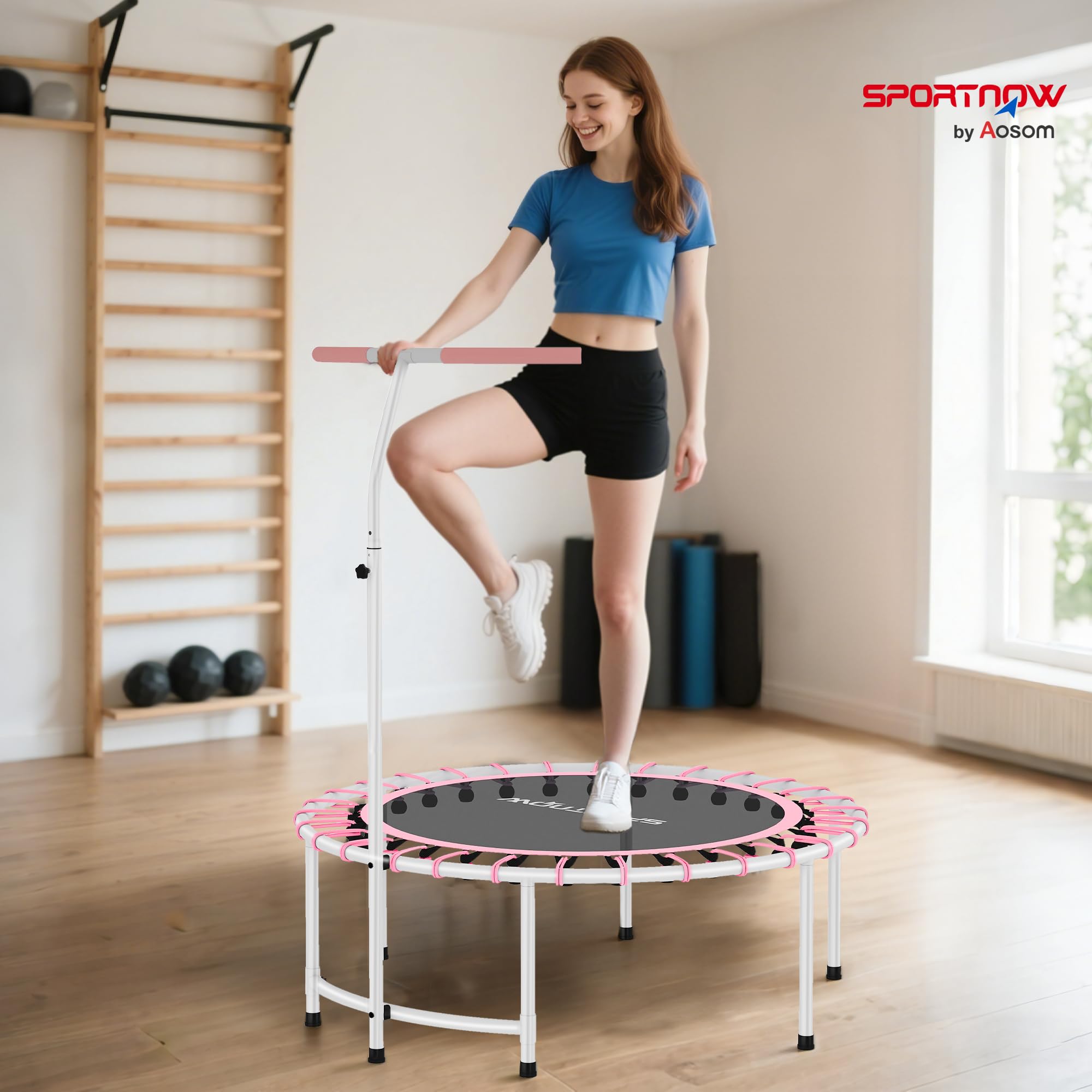SPORTNOW Trampolín de Fitness Adultos Ø102 cm, Mini Cama Elástica Fitness con Mango Ajustable de 5 Niveles, Marco de Acero, para Entrenamiento Piernas, Cuerpo en Hogar, Oficina, Gimnasio, Rosa