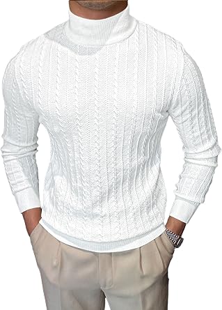 Mens Mockneck Sweaters Long Sleeve Slim Fit Casual Pullover Cable Knit Turtleneck Jumpers Sweaters