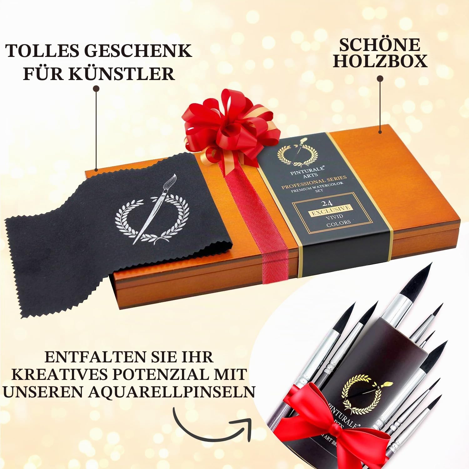 Pinturale Aquarellfarben | Premium Pigmentierung Wasserfarben | 24 große Aquarell + Holzkiste + Tuch | Aquarellkasten, Malkasten, Aquarellfarbkasten für Künstler