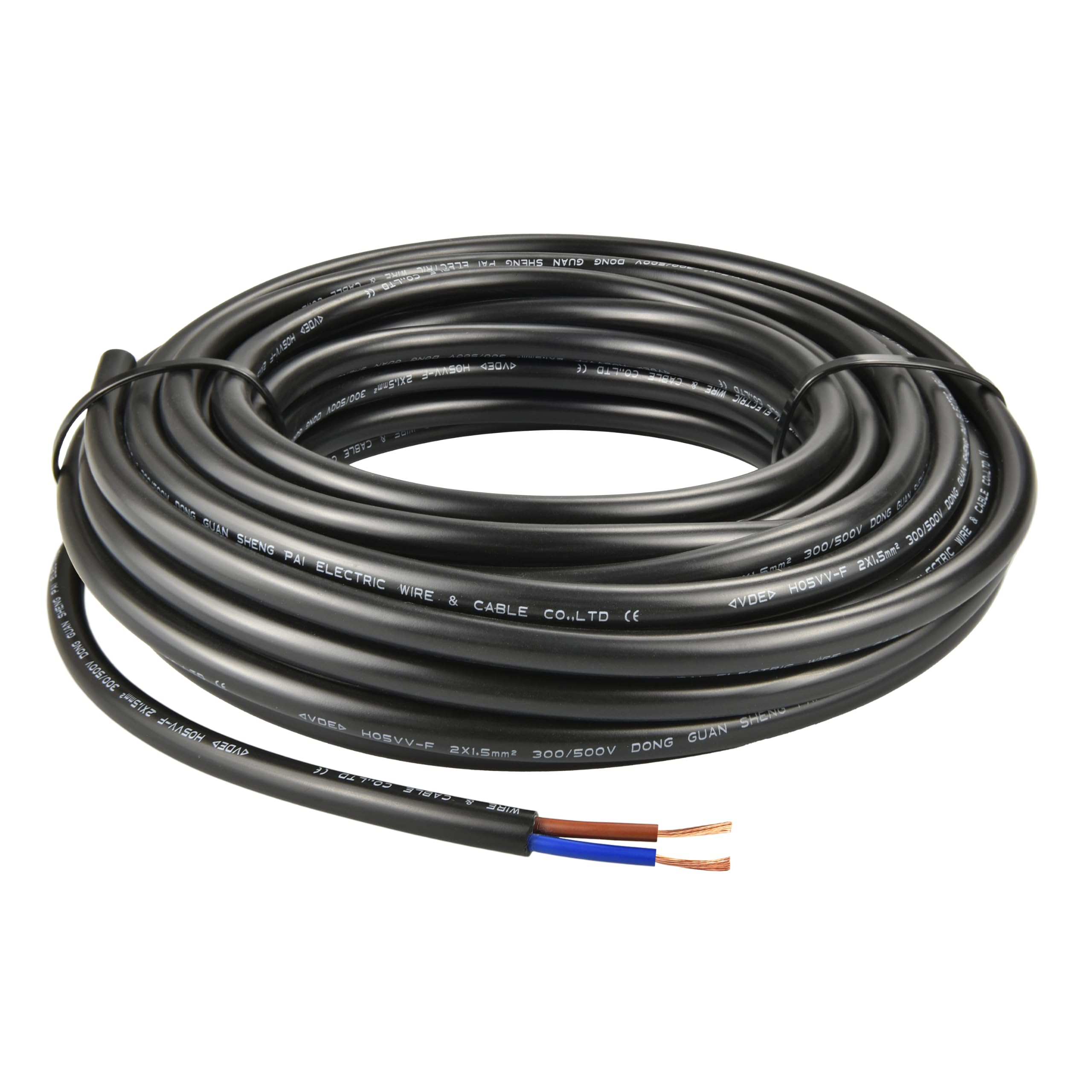 10M H05VV-F 2 Hilos 1,5mm² Cable de Alimentación Negro Flexible PVC