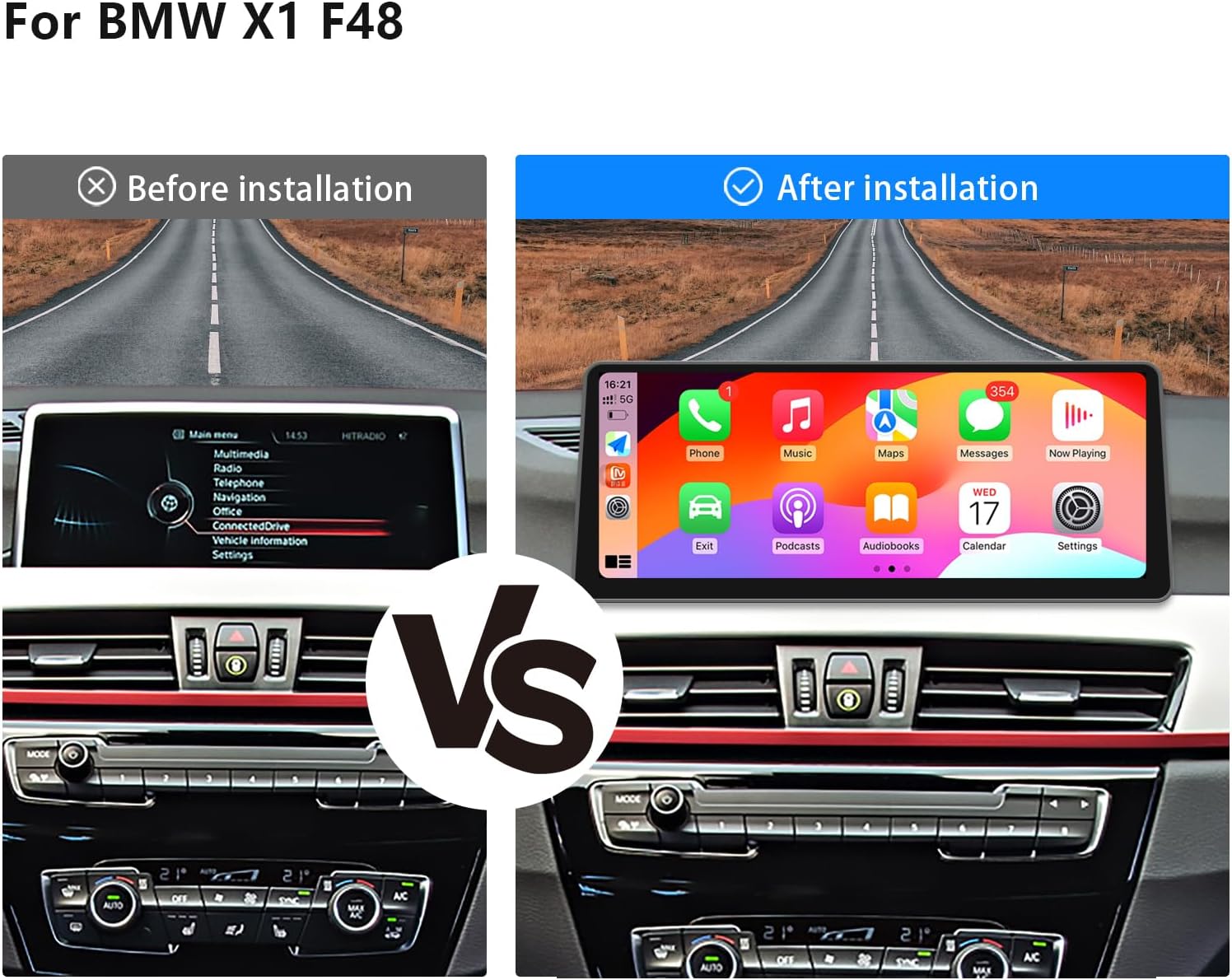 Side-by-side comparison of the BMW X1 F48 dashboard before and after installation of the 12.3-inch car radio, showing a larger, integrated screen.