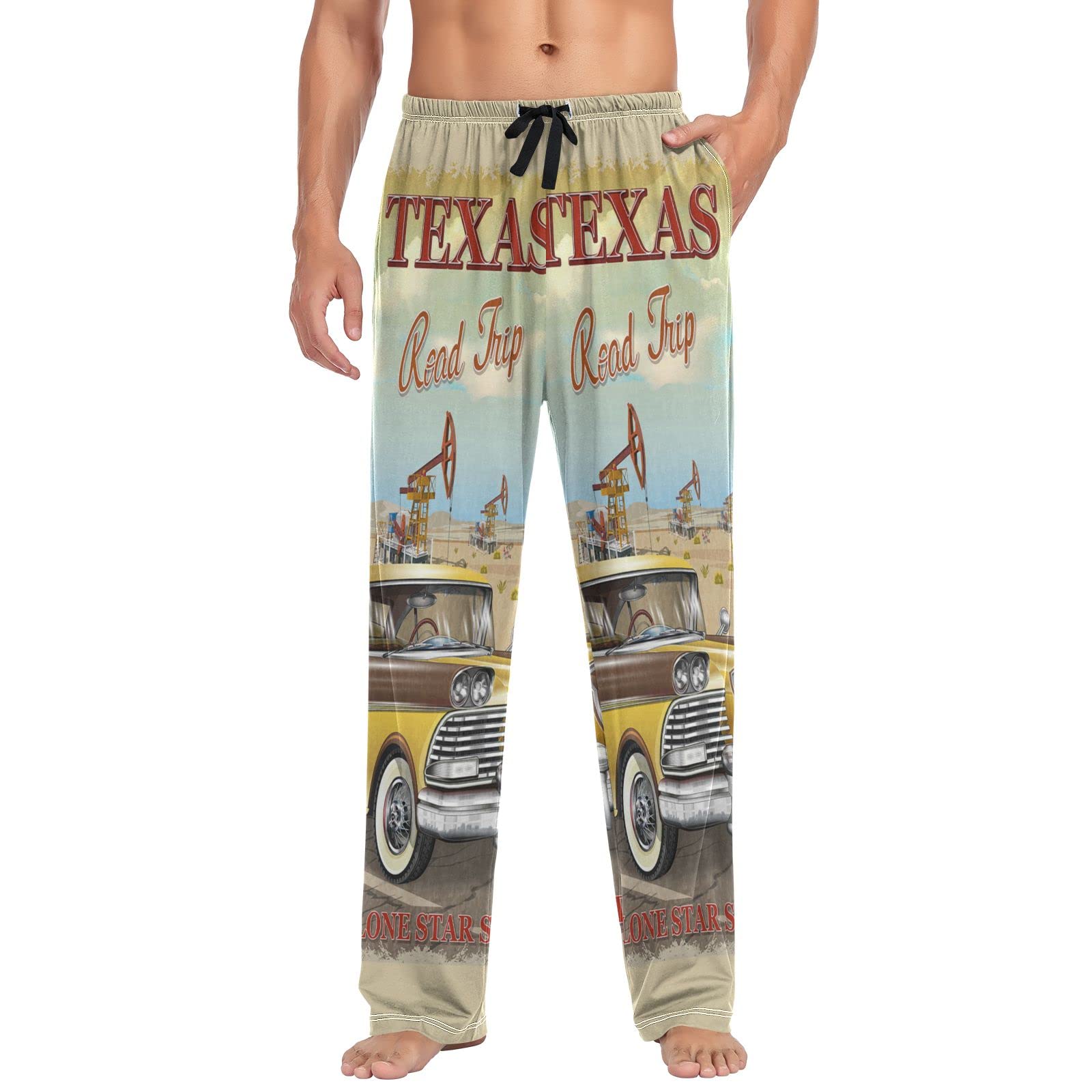 Oyihfvs Men's Multi 16 Texas Road Trip Poster Pajama Pants, Breathable Lounge Pants Sleep Pants Drawstring Elastic Waistband Sleepwear Straight Trouser With Pockets M