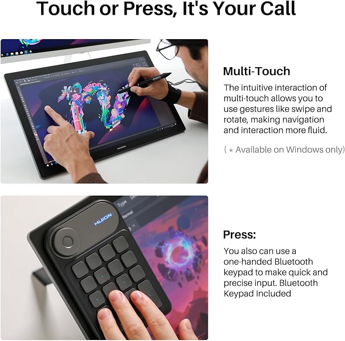 Tableta digitalizadora HUION KAMVAS Pro 19 4K UHD con pantalla táctil, 96% Adobe RGB, PenTech 4.0, 16384 niveles de presión, teclado programable Bluetooth con dial y brazo para monitor miniatura 8