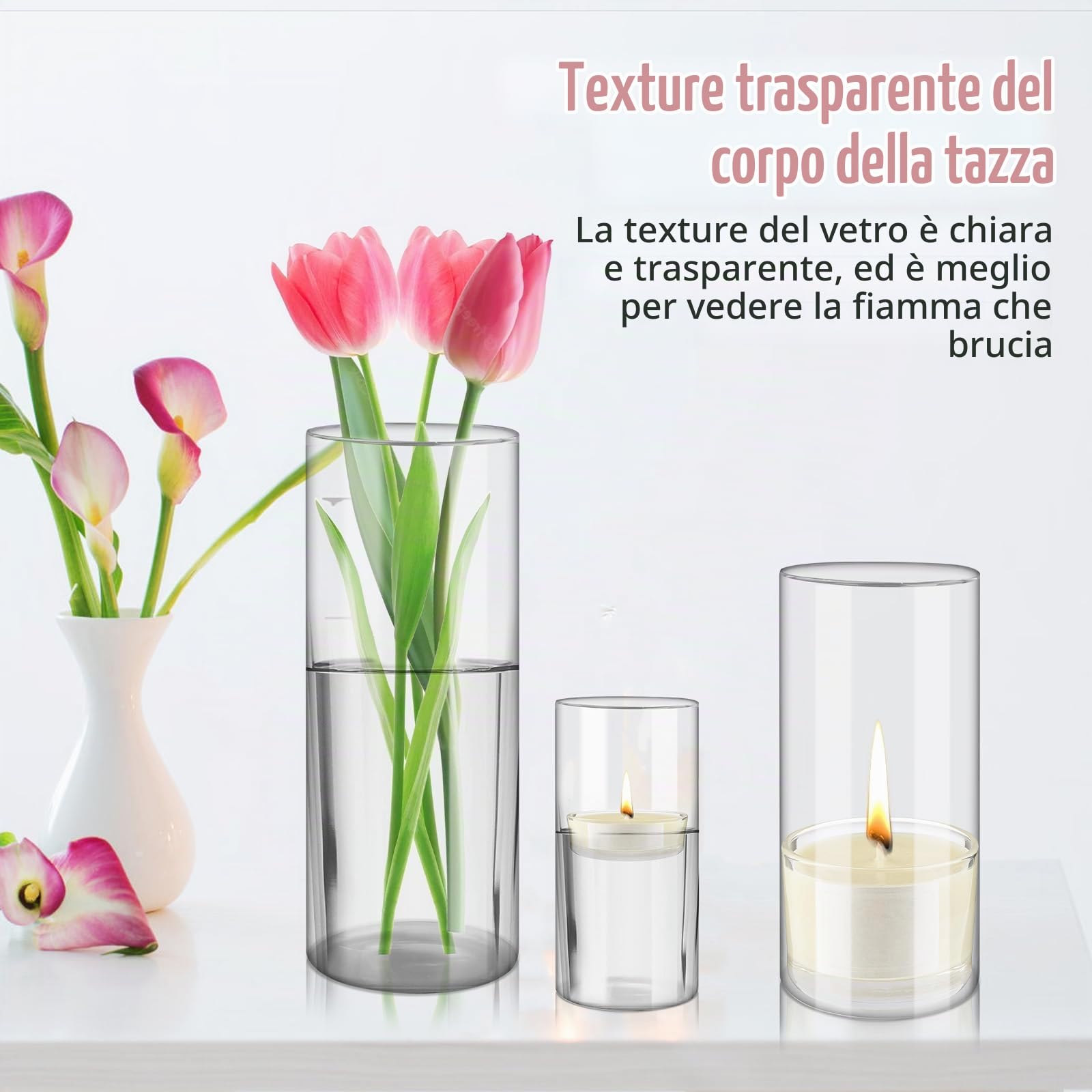 4 Pezzi Portacandele Cilindrici in Vetro, Porta Candele Trasparente, Vasi Candelabri, Vaso per Fiori per Matrimoni, Decorazioni, Sala da Pranzo, Feste e Centrotavola