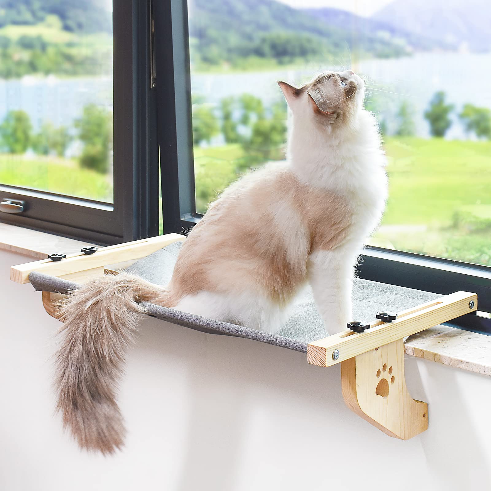 AMOSIJOY Cat Sill Window Perch Sturdy Cat Window Hammock with Wood & Metal Frame for Large Cats, Easy to Adjust and Assemble Cat Bed for Windowsill, Bedside, Drawer and Cabinet