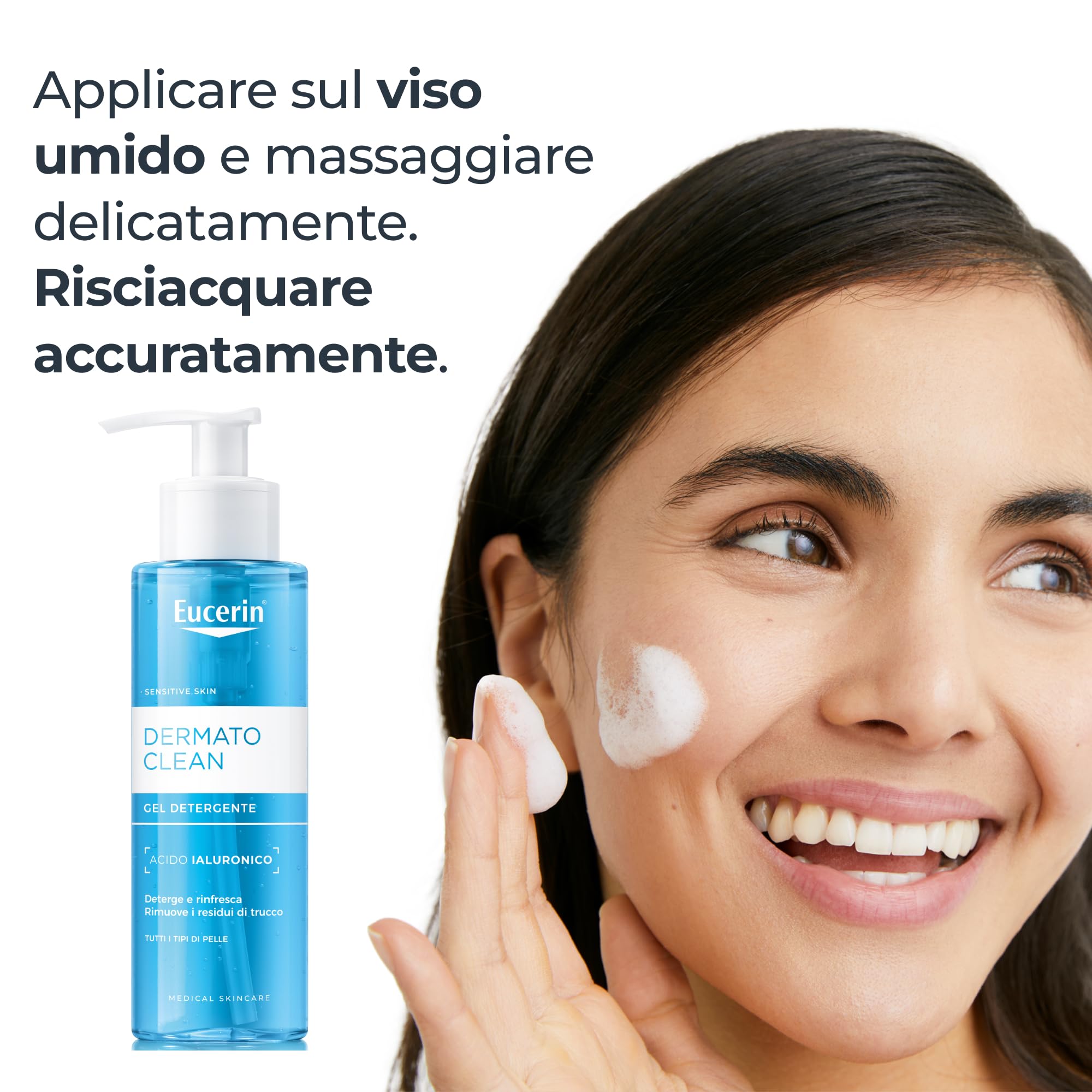 Eucerin DermatoClean Gel Detergente Viso 200 ml, Foaming cleanser idratante e rinfrescante, Struccante viso con Acido Ialuronico, Senza profumo, Per tutti i tipi di pelle, anche sensibile