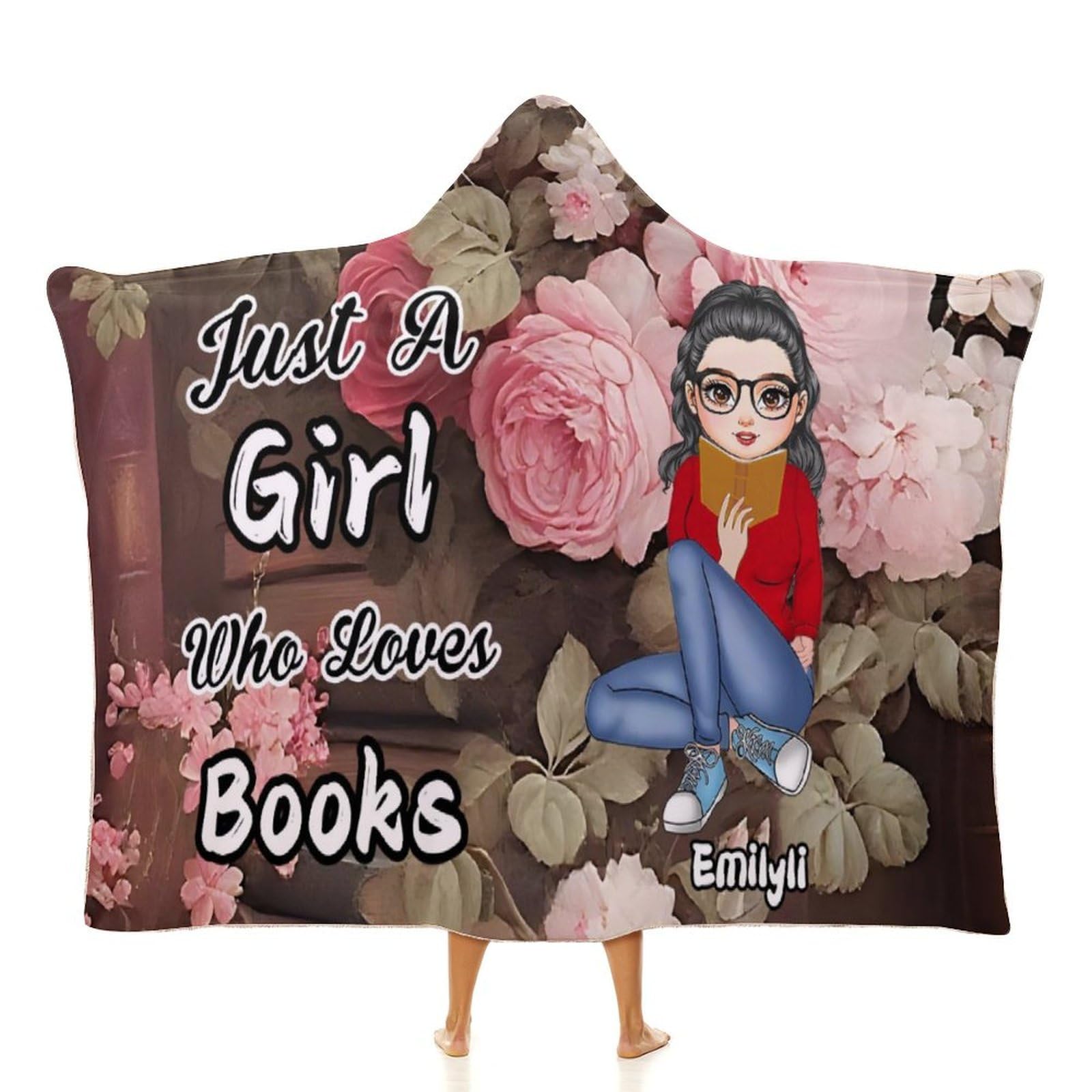 NOONATIVE Just a Girl Who Loves Books Hooded Blanket,Custom Reading Book Wearable Throw Blanket with Name Portrait,Gift for Book Lovers Women Readers Bookworms Librarians