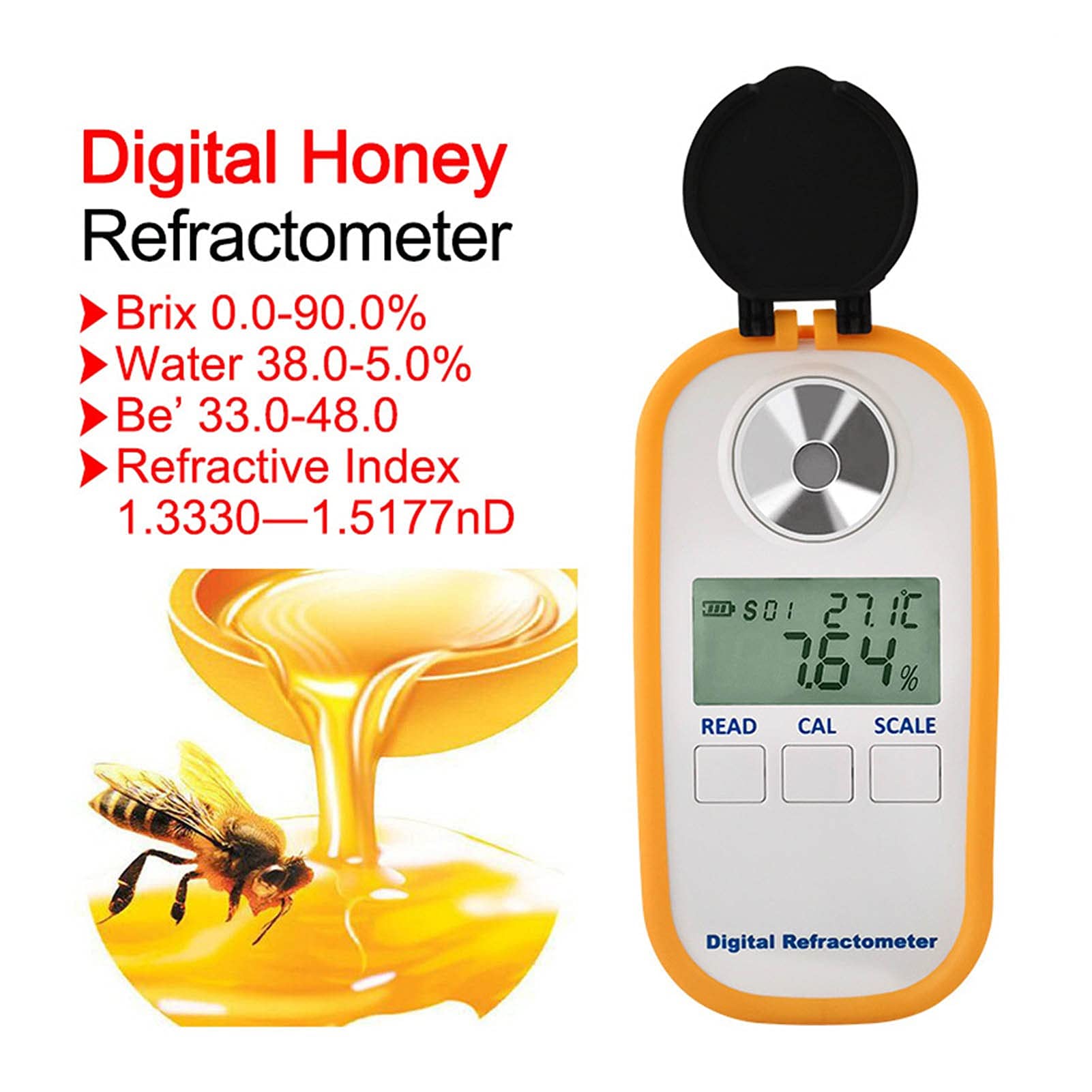 Refractómetro, refractómetro Brix, Refractómetro de miel, probador de calidad de miel, medidor de concentración 0-90% Suger Meter Tester Tester para fines agrícolas, de jardinería y educativos