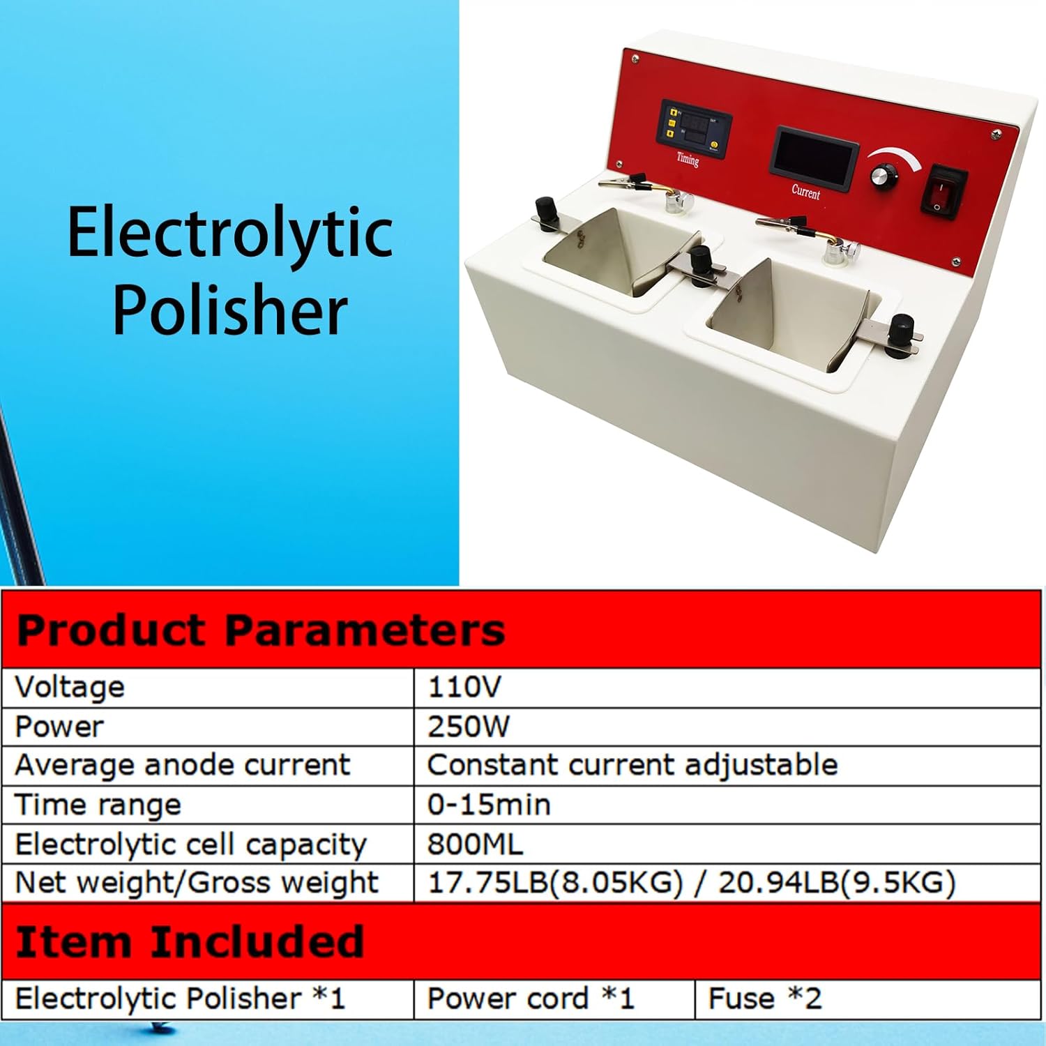 110V Dental Double Slot Electrolytic Polishing Machine Electrolytic cell capacity 800ML Electrolytic Polisher 250W for Brightens All Kinds of Dental Castings Surface