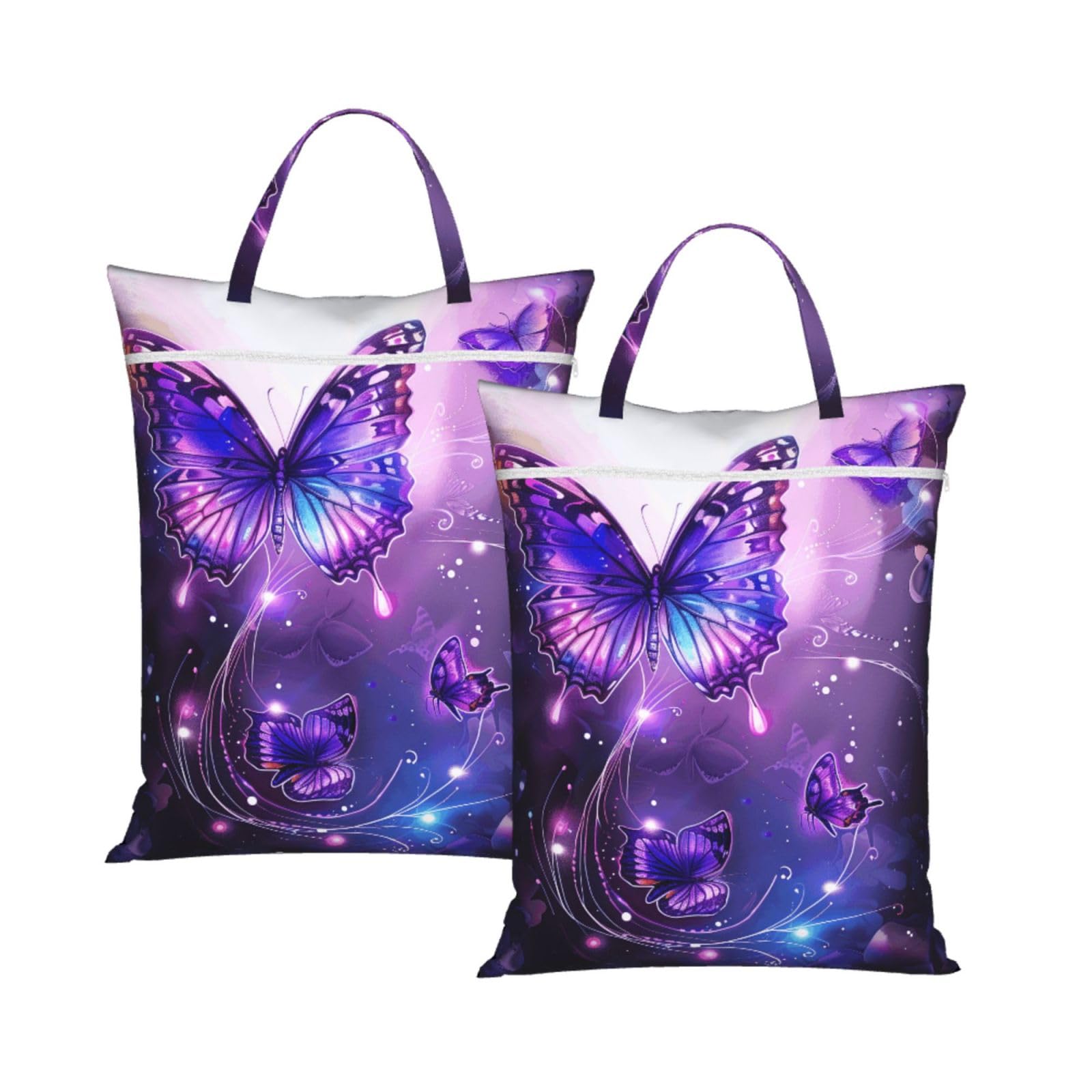 Large Travel Laundry Bags,Purple butterflies Print with Handle Foldable Laundry Bag for Holidays Gym Swimming and Family Trips, 2Pcs